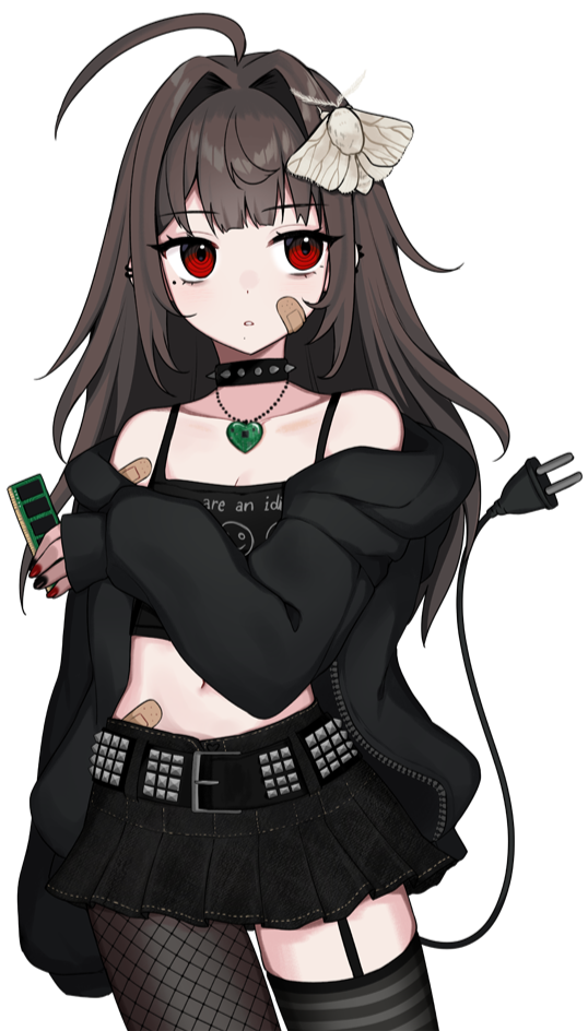1girl ahoge arm_at_side asymmetrical_legwear bad_link bandaid bandaid_on_arm bandaid_on_face bandaid_on_shoulder bandaid_on_stomach bare_shoulders belt black_belt black_jacket black_nails black_skirt black_tank_top blunt_bangs brown_hair cable cable_tail choker collarbone contrapposto cowboy_shot crop_top ear_piercing electrical_connector fingernails fishnet_pantyhose fishnets garter_straps hair_intakes hand_up heart_pendant holding jacket long_hair long_sleeves looking_to_the_side mechanical_tail midriff miniskirt mole mole_under_eye mole_under_mouth moth_on_head multicolored_nails multiple_piercings navel off_shoulder open_clothes open_jacket original outline pantyhose parted_lips piercing ram_(computer) red_eyes red_nails ringed_eyes single_sleeve_past_fingers skirt sleeves_past_wrists solo spaghetti_strap spiked_choker spikes standing tail tank_top thighhighs transparent_background vickie_(cryingrobot) vickie_(cryingrobot)_(character) white_outline zettai_ryouiki zipper
