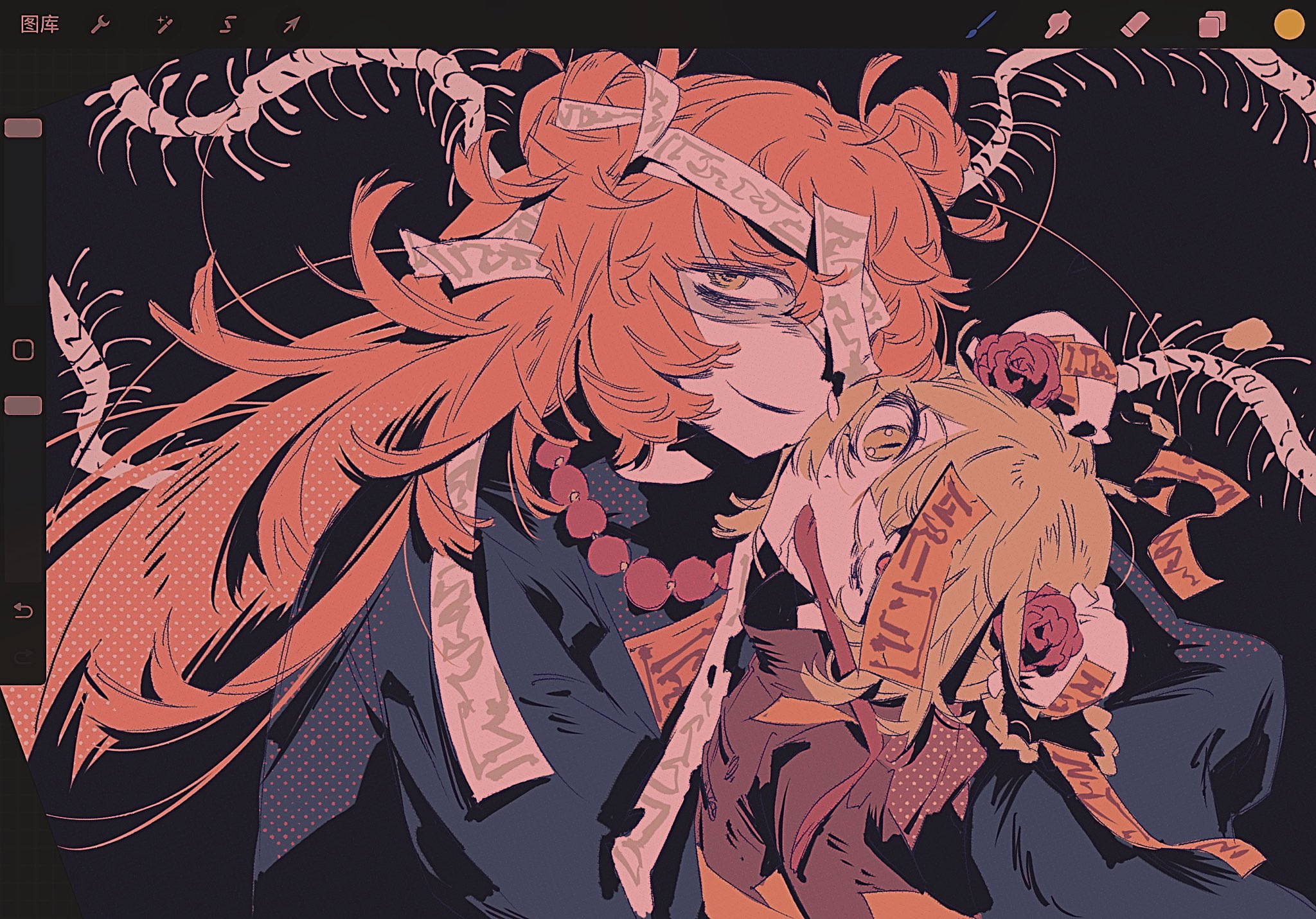 2girls bead_necklace beads black_background black_dress blonde_hair bug centipede don_quixote_(project_moon) double_bun dress e.g.o_(project_moon) flower grin hair_bun highres hundred-footed_death_maggot_(e.g.o) ishmael_(project_moon) jewelry limbus_company long_hair long_sleeves looking_at_viewer meijiichigo multiple_girls necklace ofuda ofuda_on_head open_mouth orange_hair project_moon red_flower red_rose red_sheet_(e.g.o) rose shaded_face sidelocks simple_background smile very_long_hair