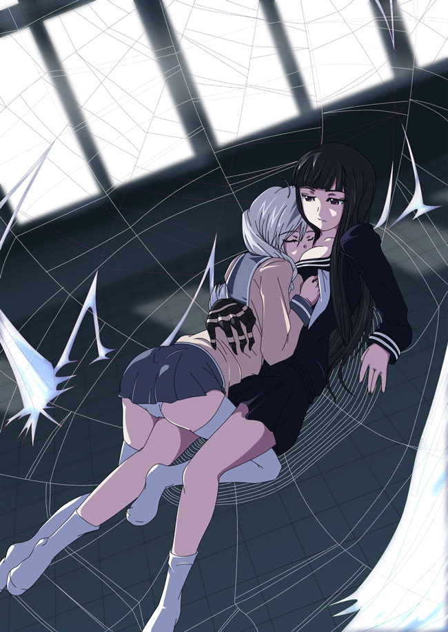 2girls atlach-nacha bare_legs between_breasts between_legs black_eyes black_hair black_serafuku black_skirt breasts couple dutch_angle closed_eyes grey_skirt head_between_breasts hime_cut hirasaka_hatsune hug legs long_hair long_sleeves looking_at_another lying lying_on_person miyama_kanako multiple_girls on_back on_person panties pantyshot pleated_skirt school_uniform serafuku silk silver_hair skirt socks spider_web thighhighs underwear white_legwear white_panties window yume_developing yuri