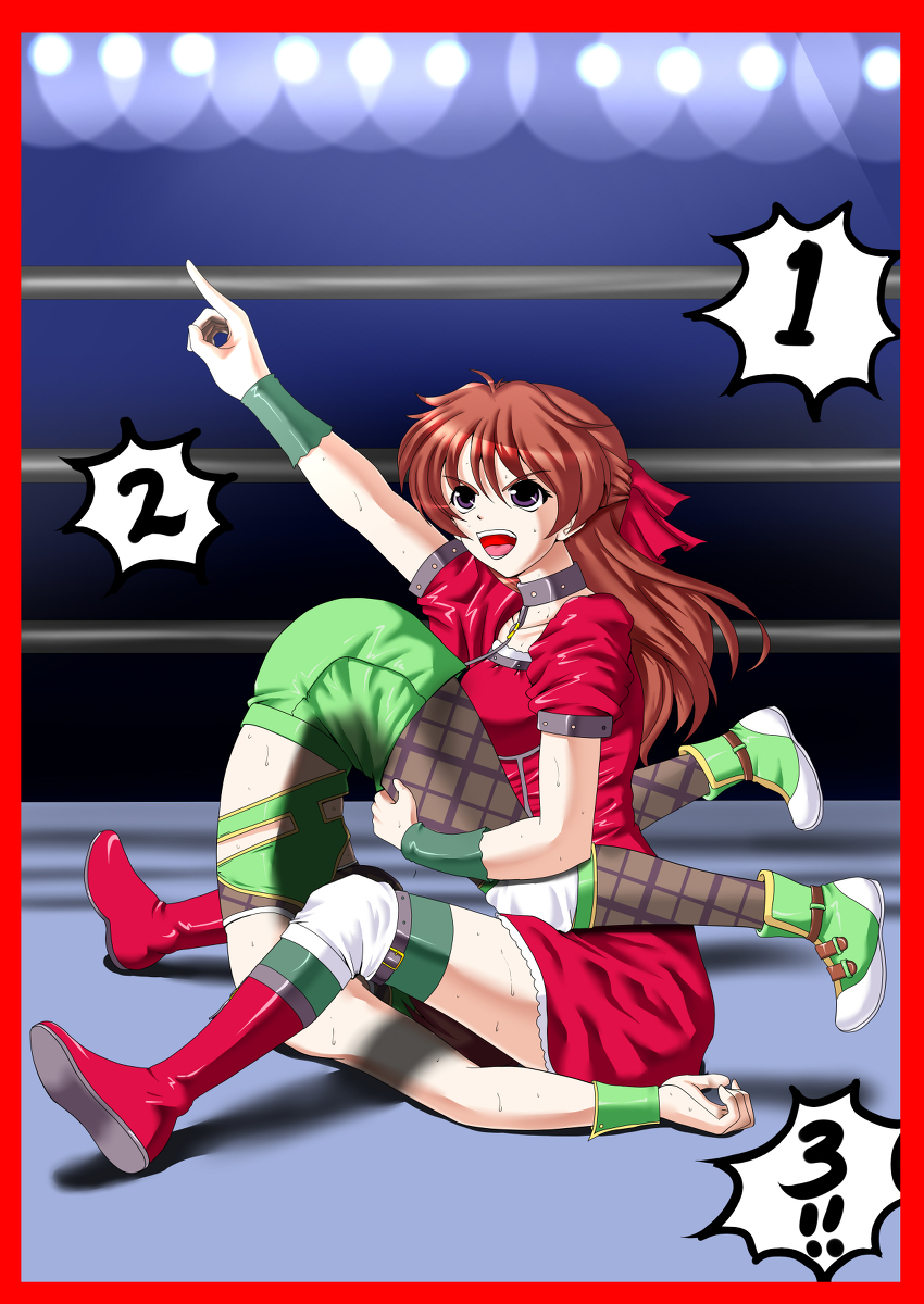 2girls catfight highres multiple_girls mutou_megumi santos smile sweat sweatdrop tagme wrestle_angels wrestle_angels_survivor wrestling wrestling_pin wrestling_ring yoshihara_mimi