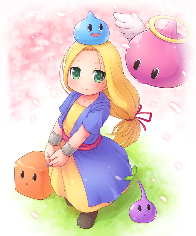 1girl :d :o angel_slime angel_wings bad_id bad_pixiv_id blonde_hair blush boots box_slime bracelet dragon_quest dragon_quest_monsters dragon_quest_monsters:_terry&#039;s_wonderland dragon_quest_vi dress female_focus flat_chest flying grass green_eyes hair_ribbon halo jewelry leaf light_smile long_hair looking_at_viewer low-tied_long_hair mireyu mizuno_mumomo no_nose object_on_head open_mouth outdoors own_hands_together petals ponytail ribbon sash slime_(dragon_quest) slime_tree smile solo v_arms wings wrist_cuffs