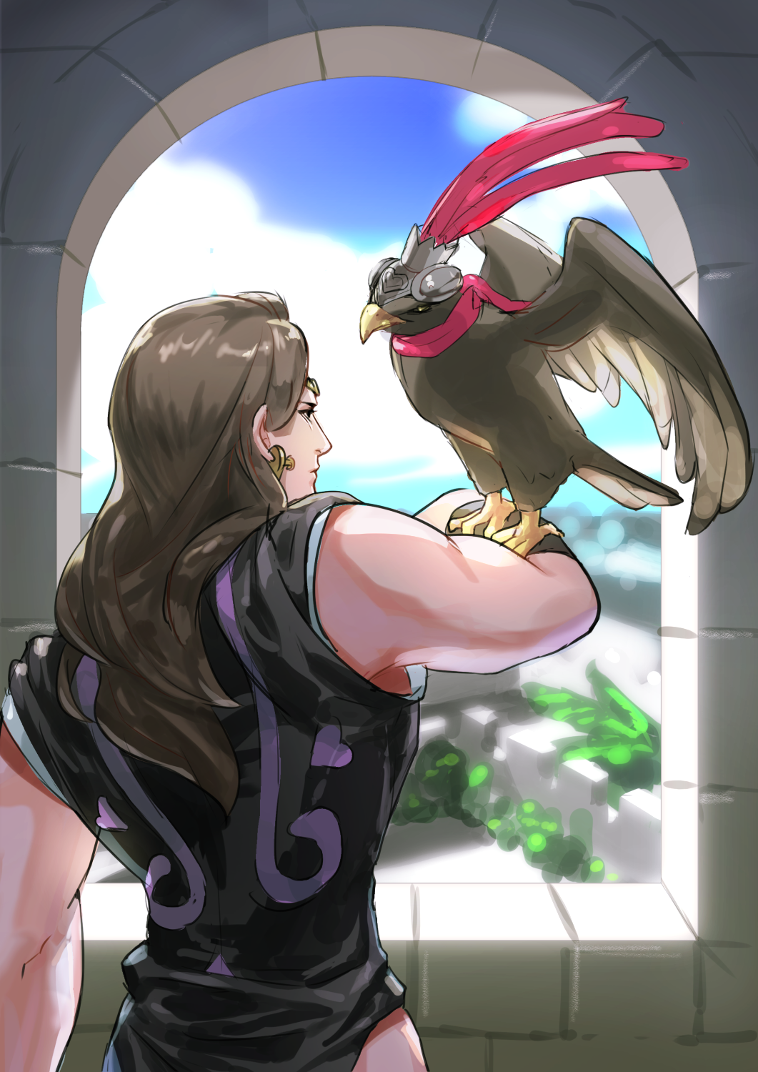 1boy back bird black_jacket blue_sky blurry blurry_background brown_hair closed_mouth cloud cloudy_sky eagle earrings feather_hair_ornament feathers hair_ornament highres indoors jacket jewelry jojo_no_kimyou_na_bouken long_hair male_focus pet_shop pink_scarf purple_eyes scarf sky sleeveless solo stardust_crusaders tile_wall tiles vanilla_ice window zouhyou_(at4190)
