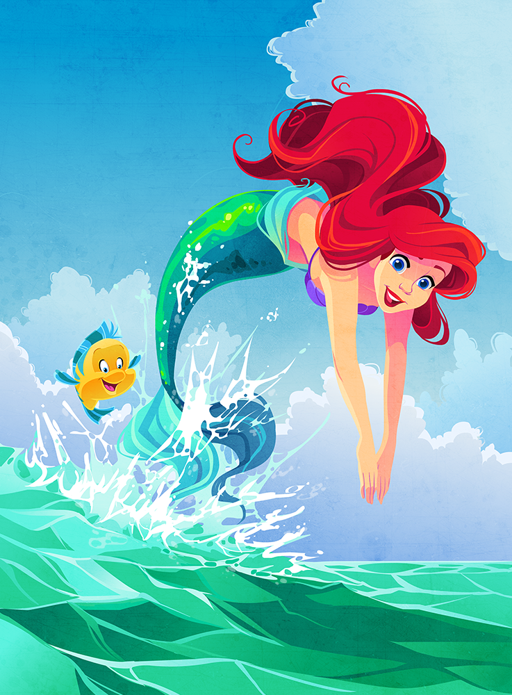 1girl ariel_(disney) bikini blue_eyes blue_sky cloud day fish flounder_(the_little_mermaid) green_tail kuitsuku long_hair mermaid monster_girl open_mouth outdoors red_hair red_lips shell shell_bikini sky splashing teeth the_little_mermaid_(disney) upper_teeth_only water