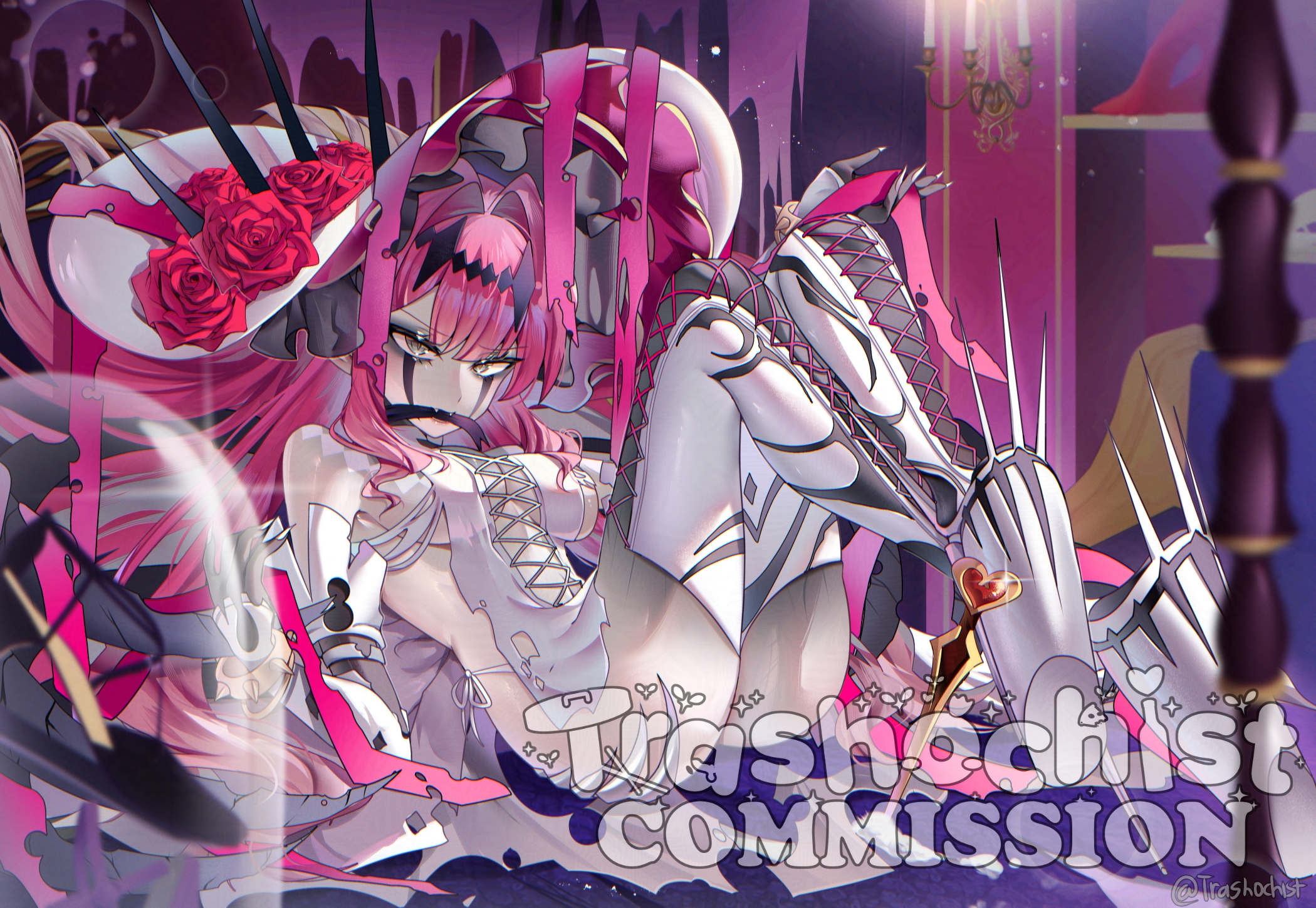 1girl ass baobhan_sith_(fate) baobhan_sith_(third_ascension)_(fate) boots breasts cleave_gag cloth_gag commission dress facial_mark fangs fate/grand_order fate_(series) flower frilled_hat frills full_body gag gagged grey_eyes hair_ornament hat hat_flower high_heel_boots high_heels highres improvised_gag knees_up long_hair looking_at_viewer pink_hair platform_boots platform_heels pointy_ears red_flower sidelocks solo spiked_boots thigh_boots trashochist vgen_commission watermark white_dress white_hat
