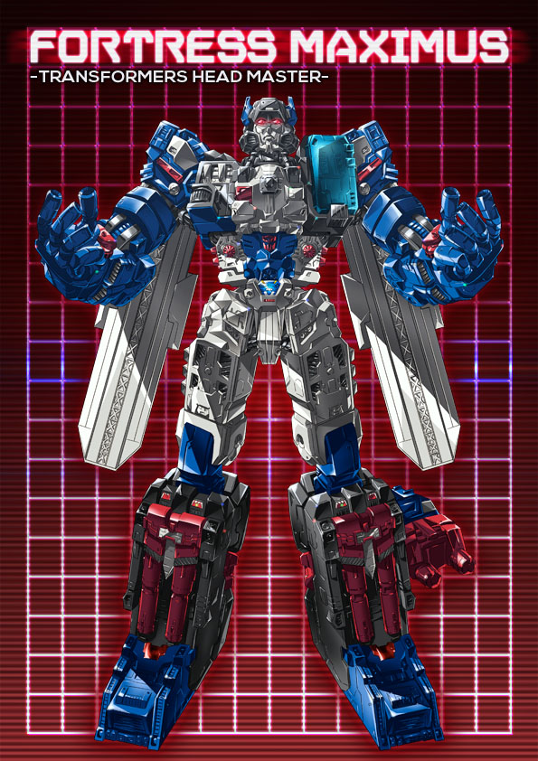 1980s_(style) 1boy autobot cannon character_name copyright_name fortress_maximus full_body glowing glowing_eyes grid grid_background insignia looking_at_viewer male_focus mecha no_humans oldschool paintedmike red_background red_eyes retro_artstyle robot solo standing transformers transformers:_the_headmasters weapon