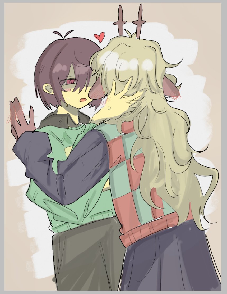 1girl 1other antlers black_skirt blonde_hair brown_hair brown_pants colored_skin deer_antlers deer_girl deltarune green_sweater green_vest hand_blush hands_on_another&#039;s_head heart horns kris_(deltarune) noelle_holiday open_mouth other_with_female pants red_eyes red_vest skirt sweater two-tone_vest vest virchemore yellow_skin