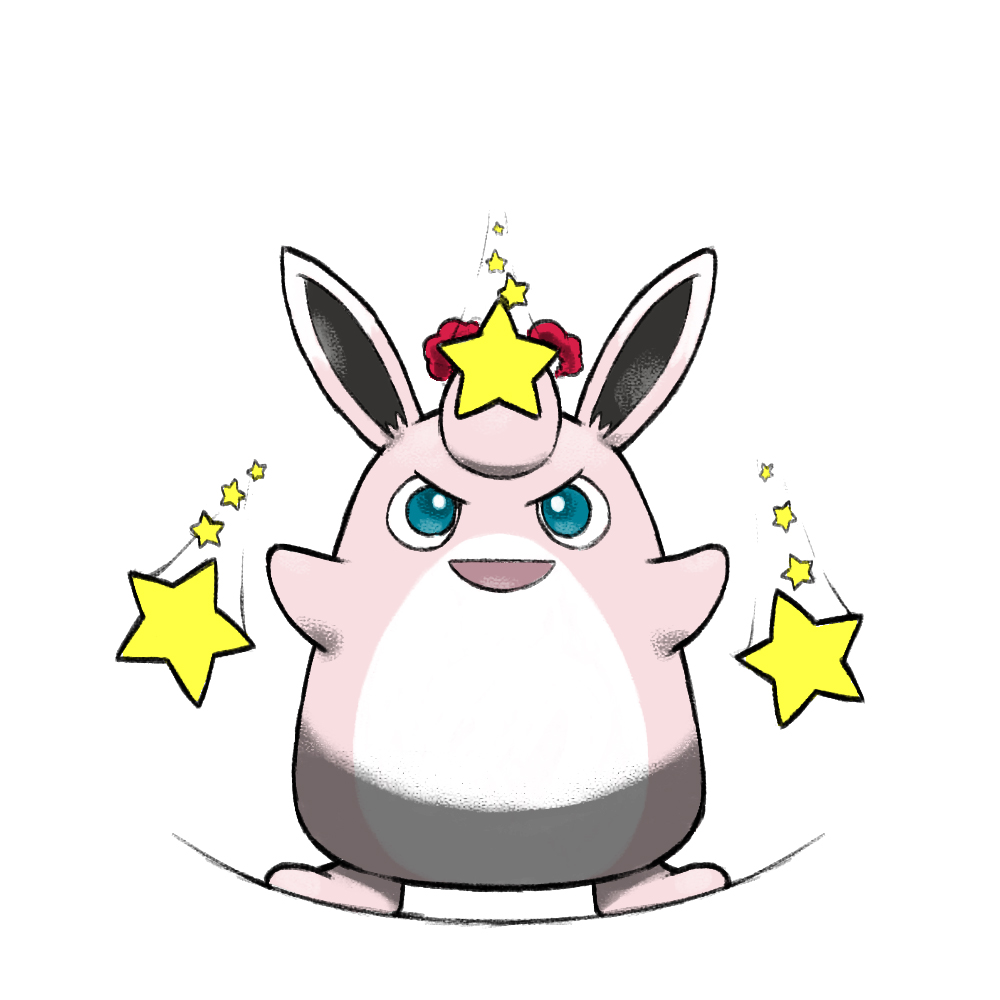 :d blacknirrow blue_eyes dynamax full_body gen_1_pokemon max_starfall_(pokemon) nintendo no_humans open_mouth pokemon pokemon_(creature) pokemon_focus pokemon_move red_clouds simple_background smile solo standing star_(symbol) white_background wigglytuff