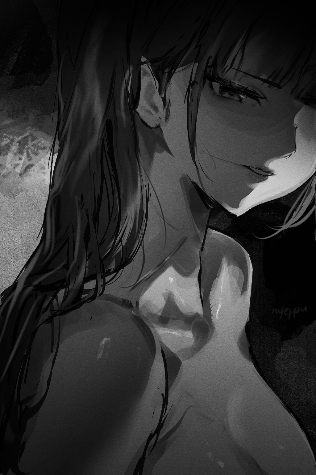 1girl collarbone commentary english_commentary greyscale half-closed_eye highres honkai_(series) honkai_impact_3rd implied_nudity long_hair looking_at_viewer monochrome nyeppu parted_lips portrait raiden_mei raiden_mei_(apho) signature solo