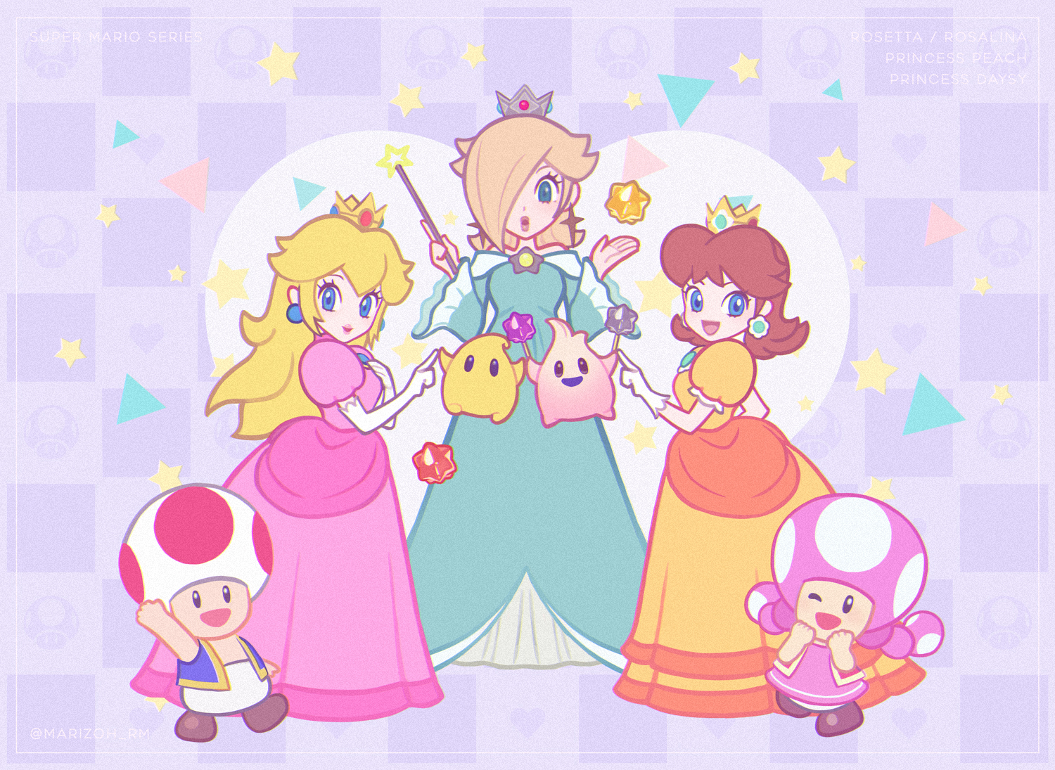 4girls :d ;d arm_up artist_name bare_shoulders blonde_hair blue_dress blue_eyes blue_vest braid breasts brooch brown_footwear brown_hair character_name checkered_background crown dress earrings elbow_gloves eyelashes flipped_hair floating flower_earrings from_side full_body gloves hair_over_one_eye hand_on_own_chest hands_up head_tilt heart heart_background height_difference holding holding_wand hungry_luma_(super_mario_galaxy) index_finger_raised jewelry leg_up lips long_dress long_hair looking_at_viewer luma_(mario) mario_(series) mayuzumi medium_breasts medium_hair multiple_girls mushroom nintendo off-shoulder_dress off_shoulder one_eye_closed open_hand open_mouth orange_dress parted_bangs parted_lips pink_dress pink_lips polka_dot princess princess_daisy princess_peach puffy_short_sleeves puffy_sleeves purple_background red_vest romaji_text rosalina shoes short_dress short_sleeves smile standing star_(symbol) star_bit star_earrings super_mario_bros._1 super_mario_galaxy super_mario_land super_mushroom surprised teeth toad_(mario) toadette triangle twin_braids twintails twitter_username vest wand waving white_gloves yellow_dress