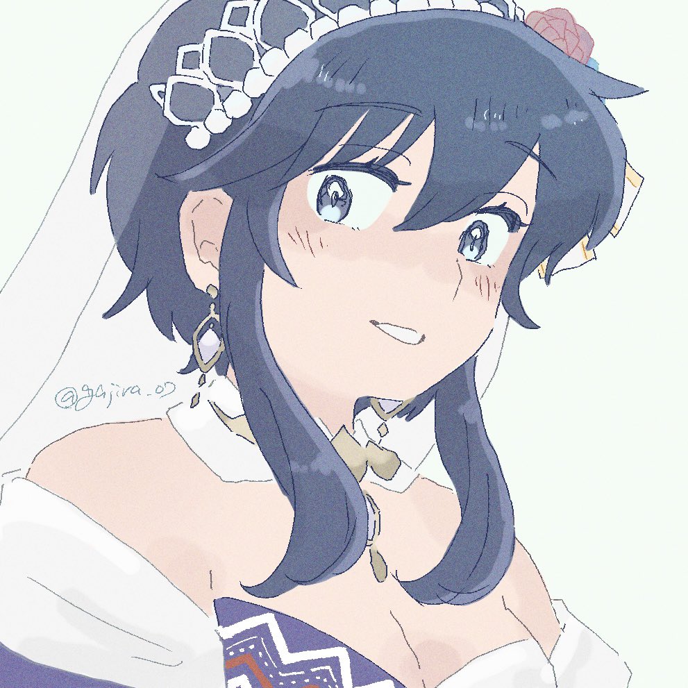 1girl bare_shoulders black_eyes black_hair blush bridal_veil commentary_request detached_collar dress earrings fire_emblem fire_emblem:_genealogy_of_the_holy_war fire_emblem_heroes gajira_07 grey_background grin jewelry larcei_(bride_of_astra)_(fire_emblem) larcei_(fire_emblem) looking_at_viewer nintendo official_alternate_costume short_hair_with_long_locks sidelocks simple_background smile solo veil wedding_dress
