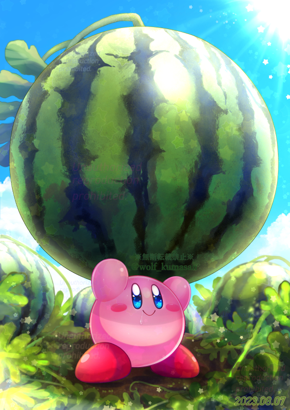 alternate_size arms_up artist_name blue_eyes blue_sky blush blush_stickers closed_mouth cloud commentary_request dated day drooling food fruit kirby kirby_(series) kumaoka_pon leaf light_rays nintendo no_humans outdoors plant sky smile solo standing star_(symbol) sun sunlight twitter_username vines watermark watermelon