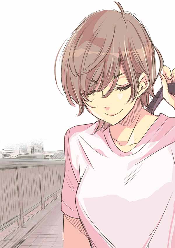 1girl asagao_to_kase-san bag breasts brown_hair closed_eyes fence fog kase_tomoka medium_breasts official_art outdoors shirt short_hair skyline smile solo t-shirt takashima_hiromi tomboy upper_body