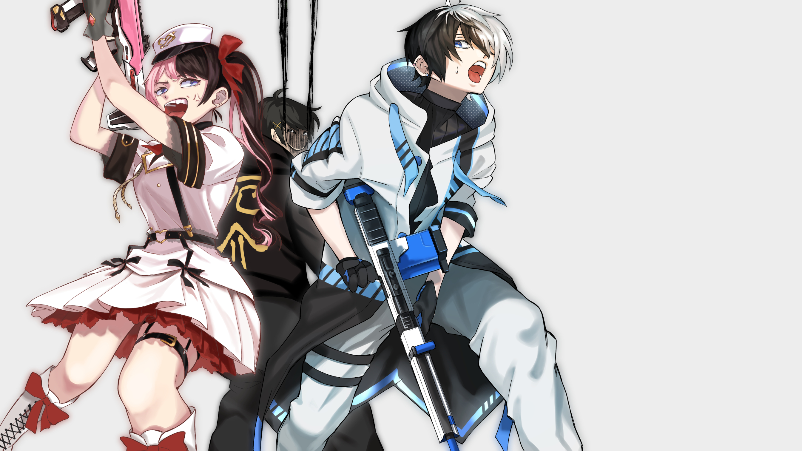 1girl 2boys anger_vein apex_legends assault_rifle black_gloves black_hair black_sweater blue_eyes boots bow breasts brown_hair clip_studio_paint_(medium) dress gil_(gamer) gloves grey_hair gun highres holding holding_gun holding_weapon hood hooded_jacket indie_virtual_youtuber iris_black_games jacket kamito_(vtuber) kraber medium_breasts multicolored_hair multiple_boys pants pink_hair r-301_carbine real_life red_bow ribbed_sweater rifle sniper_rifle soubu_yuusuke sweater tachibana_hinano_(2nd_costume) tachibana_hinano thigh_strap twintails two-tone_hair virtual_youtuber vspo! weapon white_dress white_footwear white_jacket white_pants
