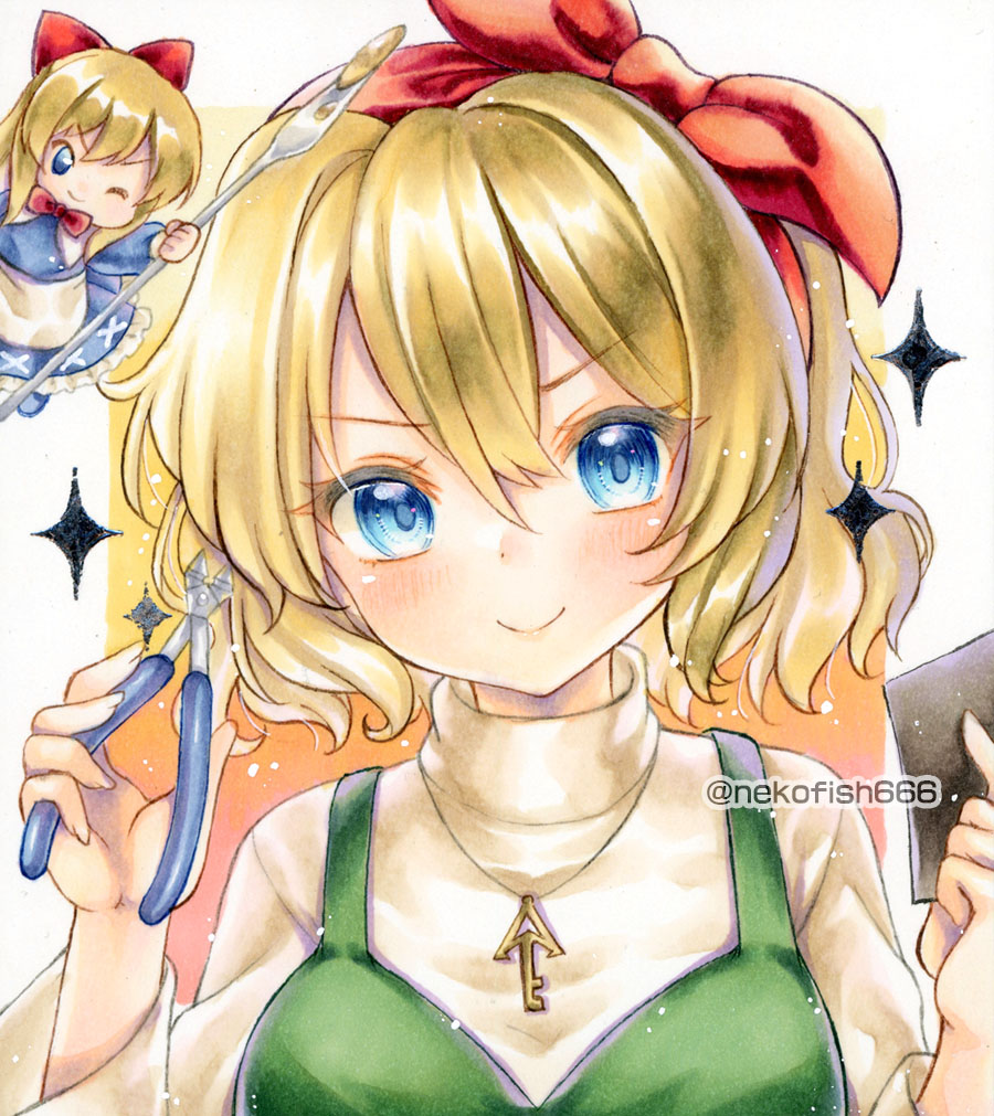 2girls alice_margatroid alternate_costume blonde_hair blue_eyes bow bow_hairband closed_mouth commentary_request dress green_dress hair_bow hairband holding_pliers jewelry long_sleeves multiple_girls necklace nekofish666 pendant pliers red_bow red_hairband shanghai_doll smile touhou touhou_lostword traditional_media twitter_username