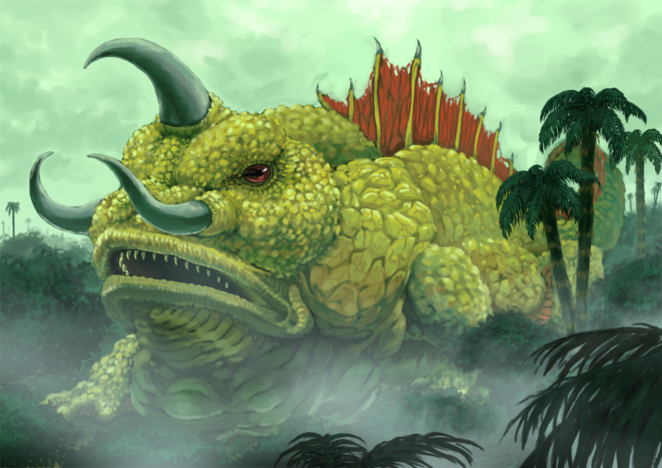 cloud cloudy_sky daiei_motion_picture day fog forest gamera_(series) gamera_vs._jiger horns jiger kaiju nature no_humans nurikabe_(mictlan-tecuhtli) overcast rainforest red_eyes single_horn sky tree tusks