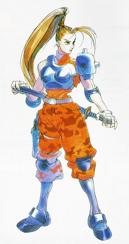 1990s_(style) 1girl alien_(series) alien_vs._predator aliens_(1986) armor bengus brown_eyes camouflage capcom crmk cyborg female_focus fingerless_gloves gloves katana linn_kurosawa military military_uniform official_art ponytail predator_(series) production_art retro_artstyle science_fiction simple_background solo sword weapon white_background