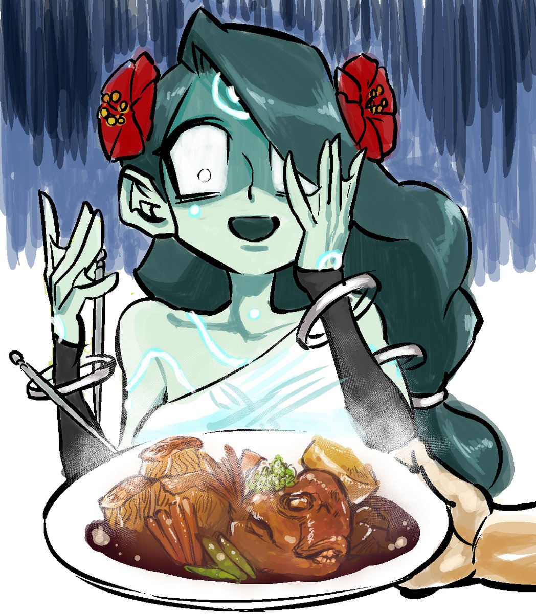 1girl alani alien battleborn blue_skin carp colored_skin fish fish_girl flower food hair_flower hair_ornament highres long_hair surprised webbed_hands