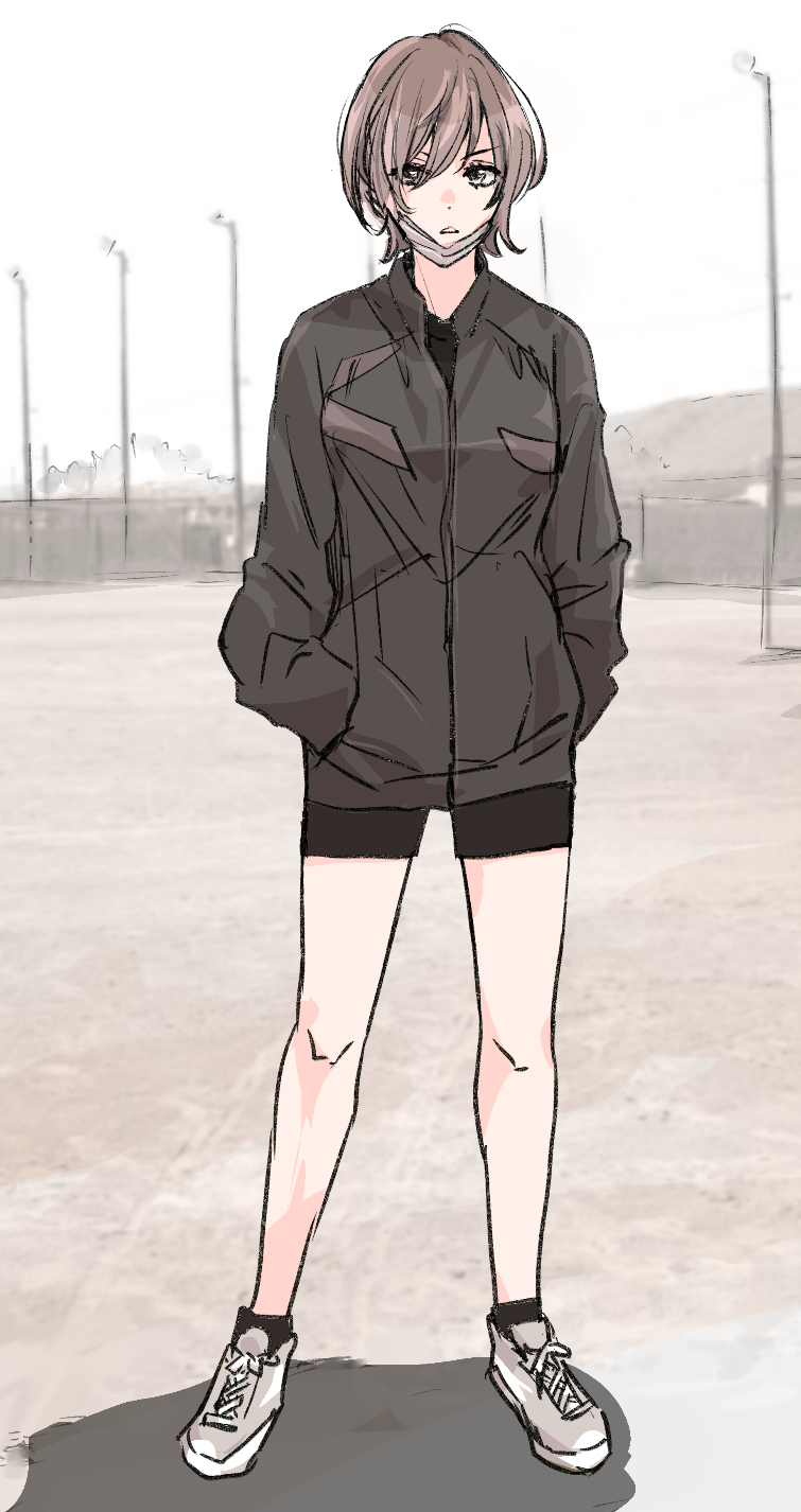 1girl ankle_socks asagao_to_kase-san brown_eyes brown_hair full_body highres jacket kase_tomoka lamppost light_frown mask mouth_mask official_art outdoors shoes short_hair shorts skinny sneakers socks solo streetwear takashima_hiromi tomboy track_jacket