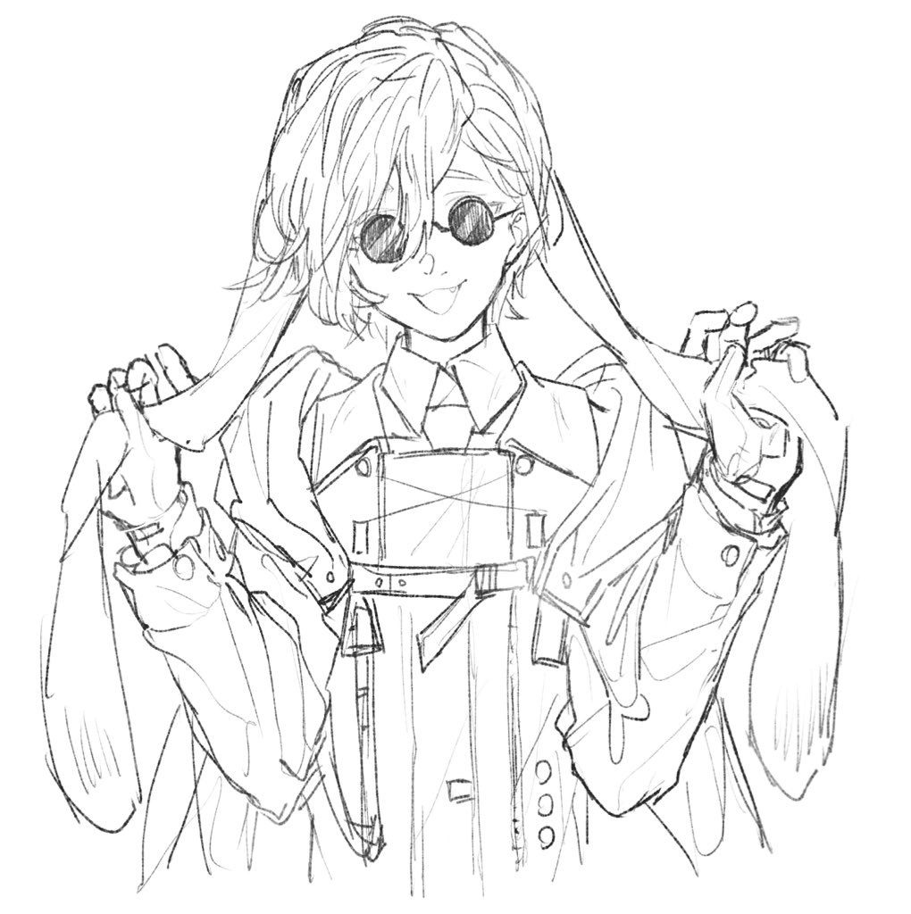 :d arknights character_request collared_shirt eyebrows_hidden_by_hair fang gloves greyscale hair_between_eyes hands_up harukan_tiusu head_tilt jacket long_sleeves looking_at_viewer monochrome open_clothes open_jacket open_mouth round_eyewear shirt simple_background smile solo sunglasses thick_eyebrows upper_body white_background