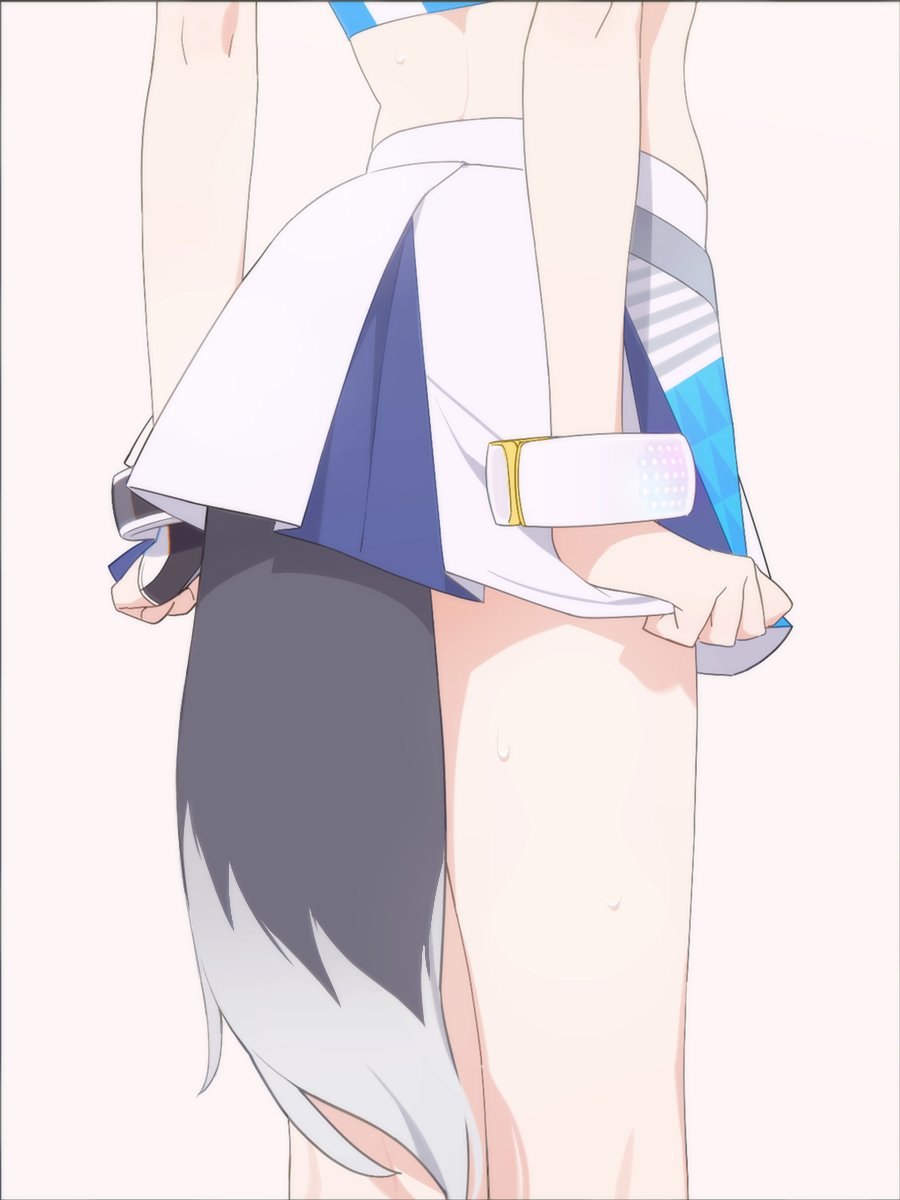 1girl bangle blue_archive bracelet close-up clothes_pull commentary dog_girl dog_tail english_commentary from_behind head_out_of_frame hibiki_(blue_archive) hibiki_(cheer_squad)_(blue_archive) highres holding jewelry lower_body millennium_cheerleader_outfit_(blue_archive) mimitoke official_alternate_costume shirt skirt skirt_pull solo sweat tail thighs