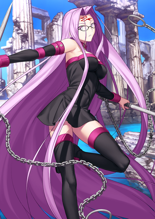 1girl bare_shoulders belt_buckle belt_collar black-framed_eyewear black_boots black_dress black_sleeves blue_sky boots breasts buckle chain collar curtained_hair detached_sleeves dress dual_wielding facial_mark fate/grand_order fate_(series) foot_out_of_frame forehead_mark glasses holding holding_weapon leg_up long_hair long_sidelocks looking_at_viewer looking_to_the_side medusa_(fate) medusa_(rider)_(fate) nameless_dagger_(fate) official_art outdoors parted_lips pink_collar purple_eyes purple_hair rectangular_pupils reverse_grip round_eyewear ruins short_dress sidelocks sky solo standing standing_on_one_leg strapless strapless_dress takeuchi_takashi teeth thigh_boots third-party_source very_long_hair very_long_sidelocks weapon