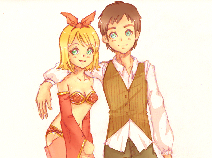 1boy 1girl alternate_color bikini blue_eyes blush bow breasts brown_vest buttons cleavage clown_(ragnarok_online) collared_shirt commentary cowboy_shot detached_sleeves english_commentary grey_background gypsy_(ragnarok_online) hair_bow long_sleeves looking_at_viewer medium_breasts open_mouth orange_bow pickacolour ragnarok_online red_bikini red_sleeves shirt short_bangs short_hair simple_background smile strapless strapless_bikini swimsuit vest white_shirt