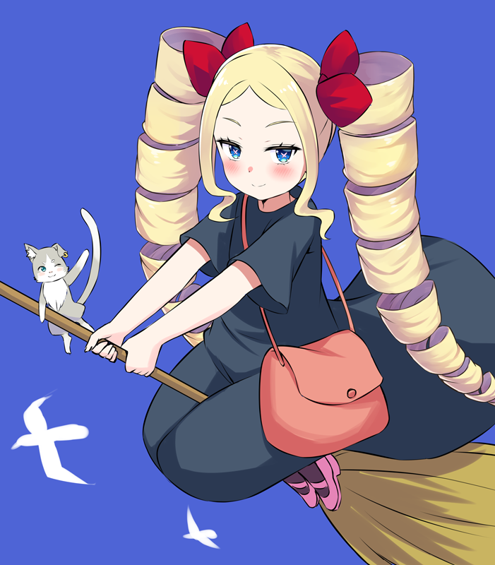 1girl :3 alternate_costume beatrice_(re:zero) bird black_socks blue_background blue_dress blush bow broom broom_riding closed_mouth cosplay dress drill_hair ear_piercing grey_cat hair_bow kiki_(majo_no_takkyuubin) kiki_(majo_no_takkyuubin)_(cosplay) long_hair looking_at_viewer majo_no_takkyuubin one_eye_closed outdoors piercing pink_pupils pink_shoes puck_(re:zero) re:zero_kara_hajimeru_isekai_seikatsu red_bag red_bow s_(hdru2332) shoes smile socks solo symbol-shaped_pupils twin_drills twintails waving white_bird