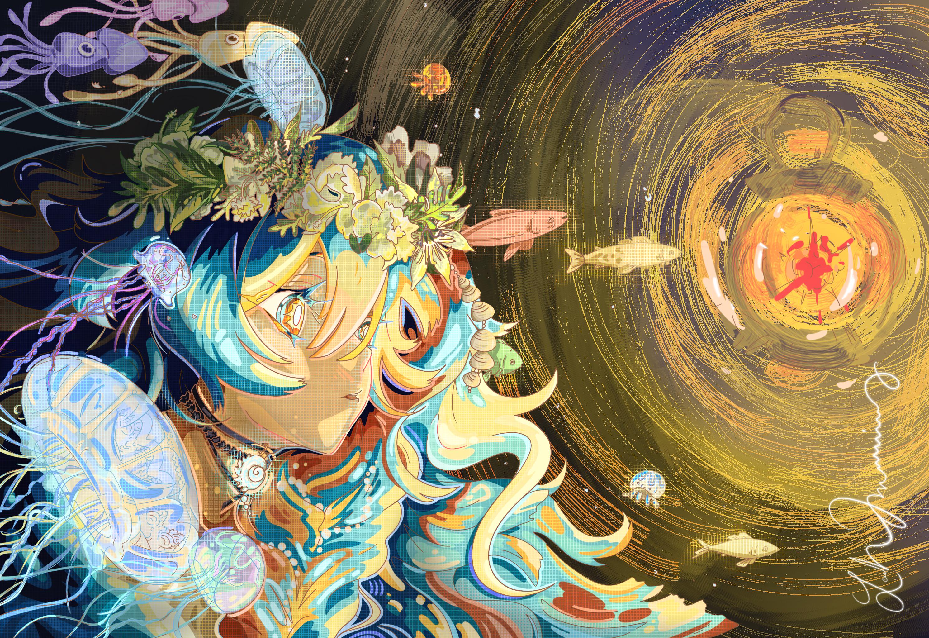 1girl aqua_hair dithering doodletavern fatutu faux_traditional_media fish highres jellyfish orange_eyes reverse:1999 signature solo squid