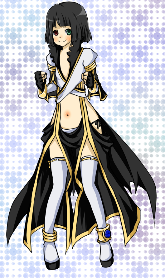1girl anklet black_gloves black_hair black_pants black_sandals blue_background blush bob_cut closed_mouth commentary_request crop_top fingerless_gloves flat_chest front_slit full_body gloves green_eyes heterochromia jewelry looking_at_viewer meiko_(nattu303) navel pants ragnarok_online red_eyes ribbon-trimmed_thighhighs ribbon_trim sandals shirt short_hair smile solo standing suspenders thighhighs warlock_(ragnarok_online) white_background white_shirt white_thighhighs