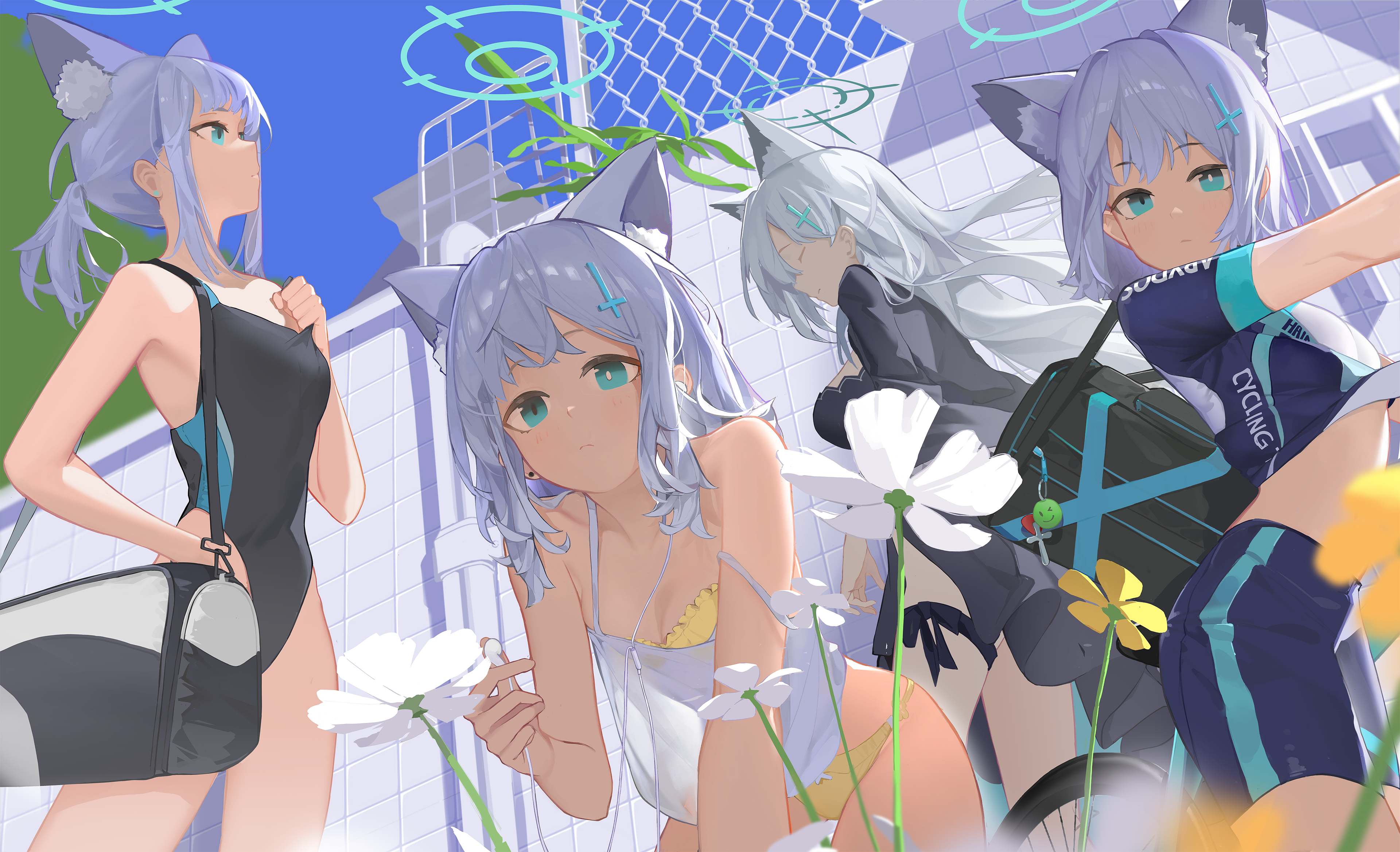 4girls absurdres alternate_costume animal_ear_fluff animal_ears aqua_eyes aqua_halo bike_shorts black_bag black_dress black_one-piece_swimsuit blue_archive blue_shorts blue_sky blurry bra bra_slip chain-link_fence closed_mouth commentary_request cross_hair_ornament depth_of_field dress earphones expressionless fence flower grey_hair hair_ornament halo highres holding holding_earphones holding_strap long_hair looking_at_viewer looking_up mismatched_pupils multiple_girls official_alternate_costume one-piece_swimsuit outdoors panties ponytail shiroko_(blue_archive) shiroko_(cycling)_(blue_archive) shiroko_(swimsuit)_(blue_archive) shiroko_terror_(blue_archive) shirt short_ponytail shorts sky standing strap_slip swimsuit syanic1 underwear white_flower white_shirt wolf_ears yellow_bra yellow_panties