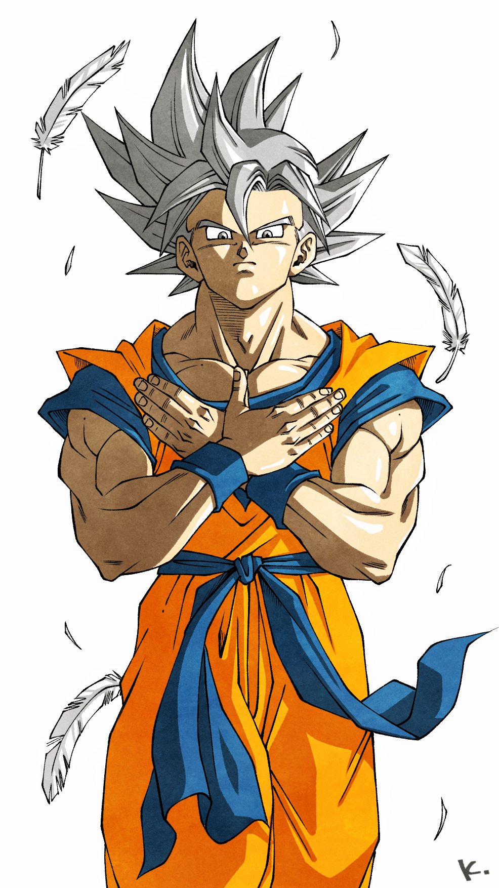 1boy blue_sash blue_shirt character_request dragon_ball dragon_ball_super feathers grey_eyes grey_hair highres jumpsuit kakeru_(dbskakeru) looking_at_viewer orange_jumpsuit sash shirt short_sleeves simple_background solo son_goku spiked_hair toriyama_akira_(style) ultra_instinct upper_body waist_sash white_background
