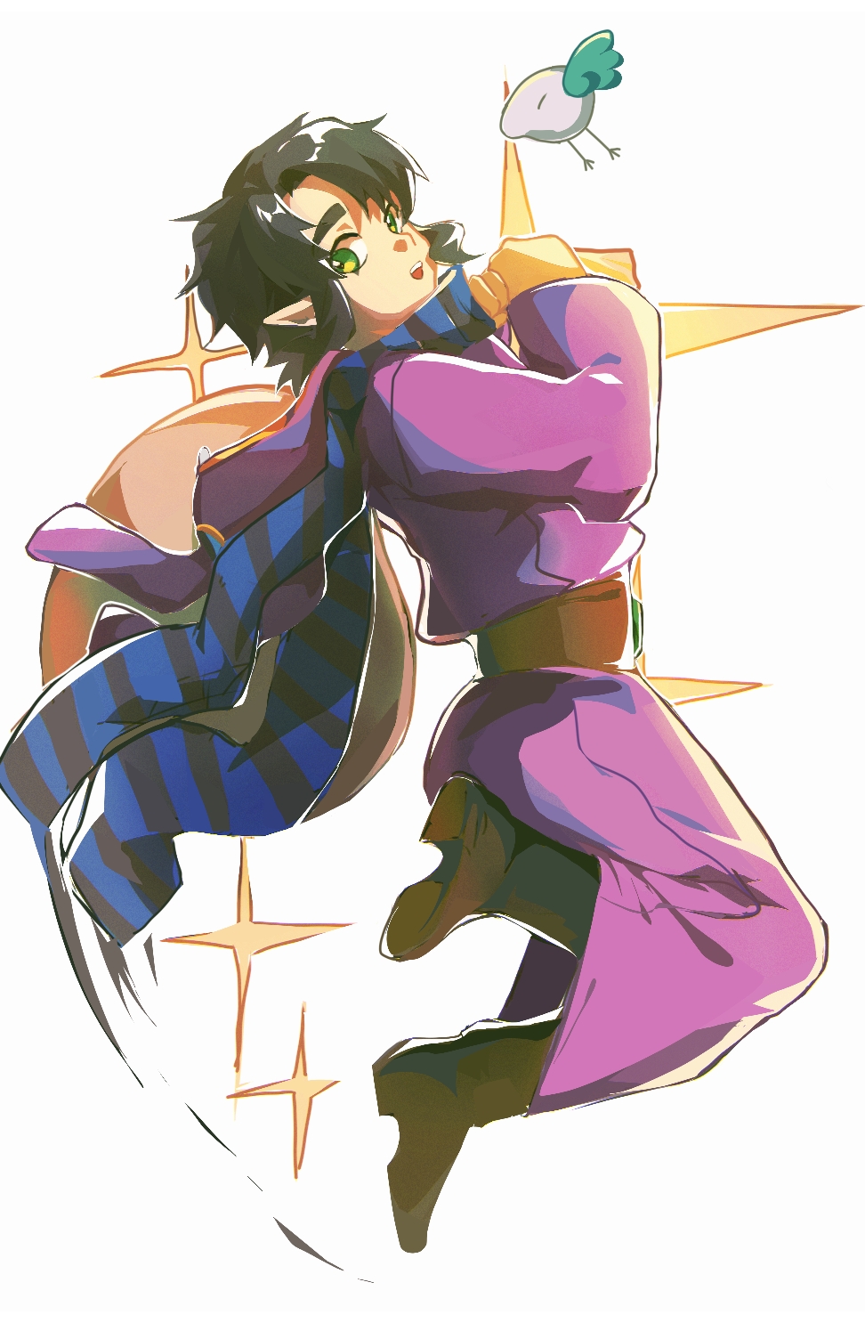 1boy belt biamaoosrhrs bird black_hair black_scarf blue_scarf boots brown_boots commentary full_body green_eyes highres hood hood_down long_sleeves looking_at_viewer male_focus nintendo open_mouth pointy_ears purple_robe ravio robe scarf sheerow smile solo sparkle striped_clothes striped_scarf the_legend_of_zelda the_legend_of_zelda:_a_link_between_worlds white_background