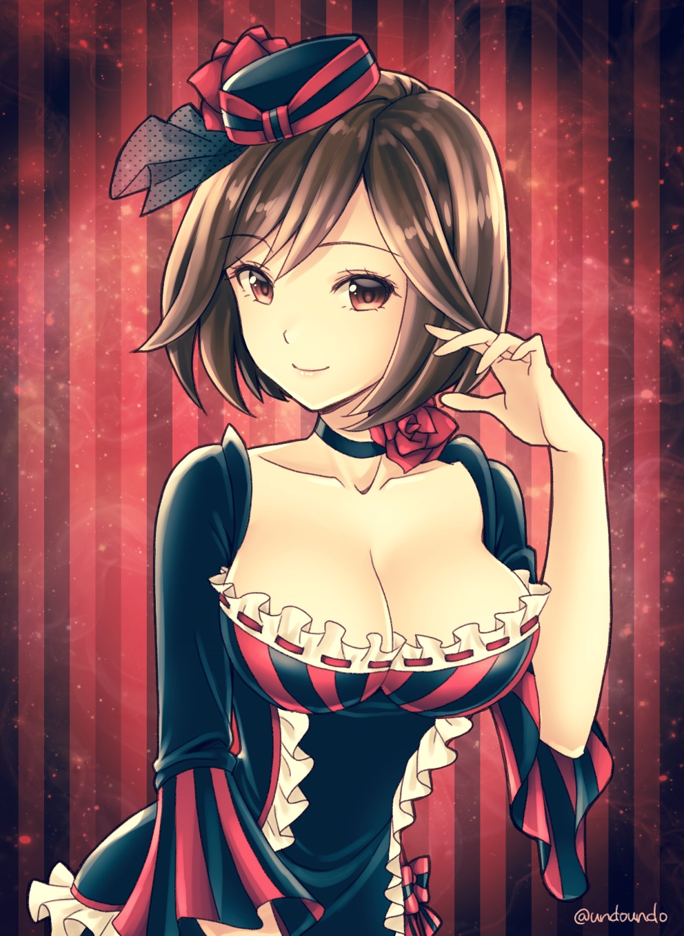 1girl black_hat breasts brown_eyes brown_hair choker cleavage closed_mouth collarbone female_focus flower hair_between_eyes hat highres kirita_asami looking_at_viewer medium_breasts meiko_(lorelei)_(vocaloid) meiko_(vocaloid) mini_hat red_background red_flower red_rose rose short_hair smile solo striped_background twitter_username upper_body vocaloid