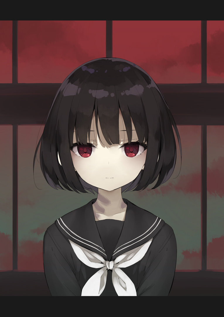 1girl black_hair black_serafuku collarbone colored_skin expressionless female_focus framed kani_biimu kirizuka_shino looking_at_viewer original red_eyes school_uniform serafuku short_hair solo strangulation_mark upper_body white_skin