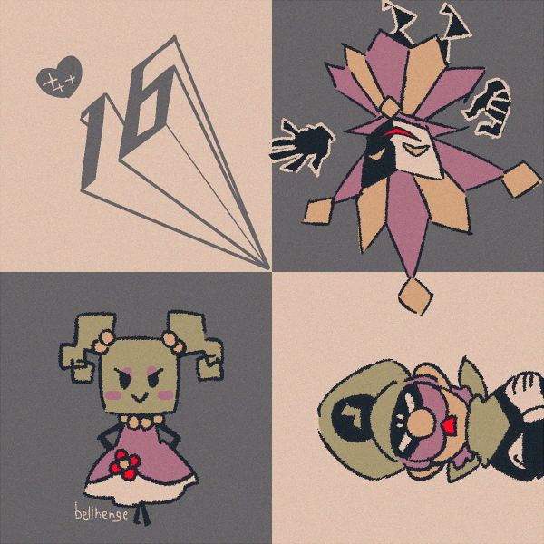 1girl 2boys bellhenge brown_hair clown clown_boy colored_skin dimentio dress drill_hair facial_hair gloves green_hair hat jester jester_boy jester_cap male_focus mario_(series) mask mimi_(paper_mario) mr._l multiple_boys mustache nintendo open_mouth paper_mario purple_dress smile super_paper_mario twintails upside-down