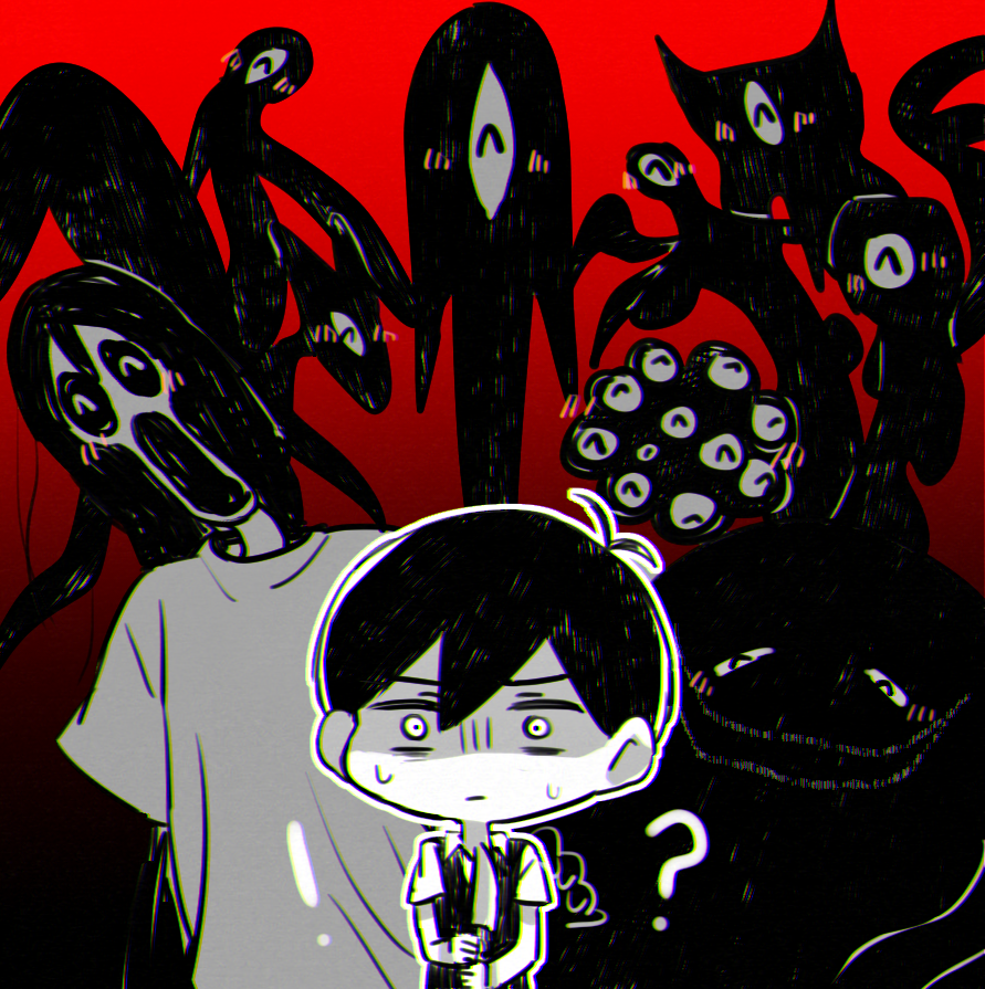 1boy 1girl ? ^_^ black_hair black_sweater_vest blush cindi_(omori) closed_eyes closed_mouth collared_shirt commentary_request dorothi_(omori) hellmari_(omori) holding holding_knife knife lili_(omori) long_hair merci_(omori) nanci_(omori) omori salli_(omori) shirt short_hair short_sleeves something_(omori) something_in_the_walls_(omori) sunny_(omori) sweat sweater_vest yutsu