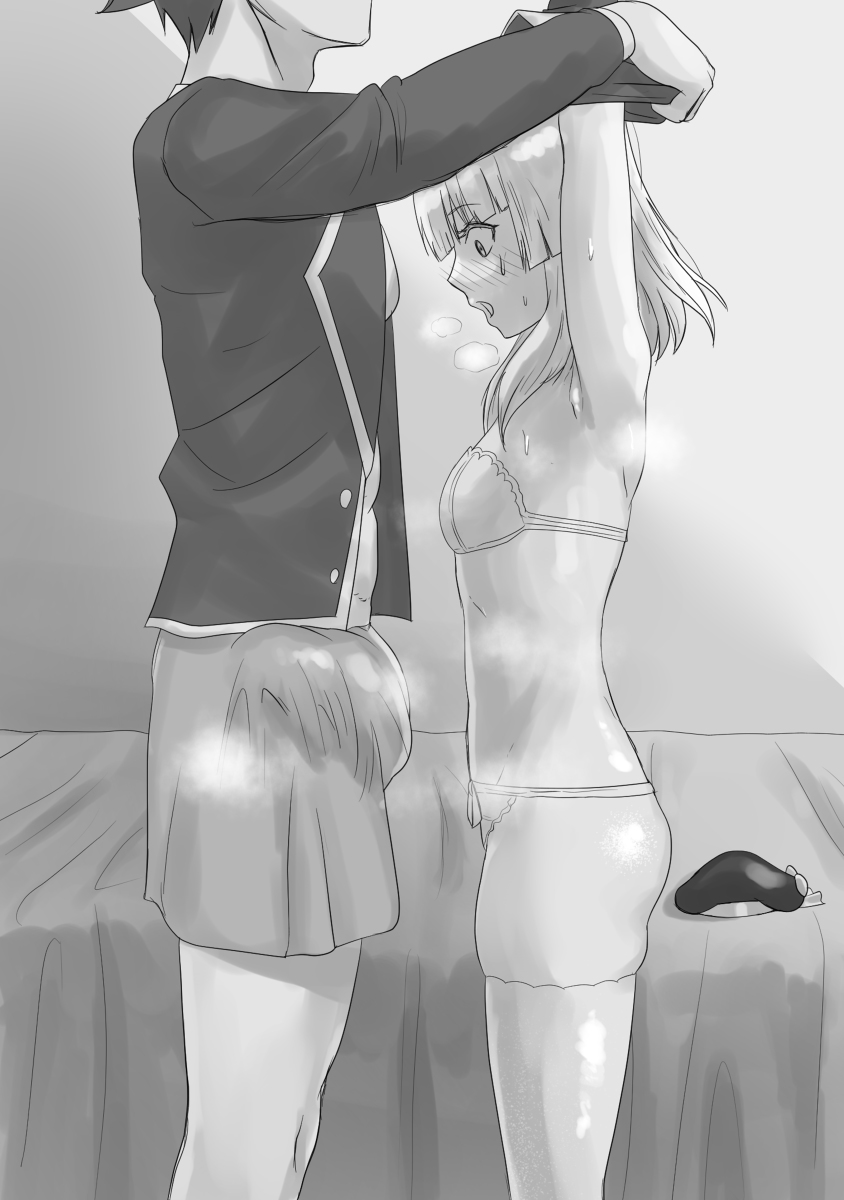 1boy 1girl ayanokouji_kiyotaka blush bulge erection erection_under_clothes greyscale highres kmvt monochrome penis_awe sakayanagi_arisu tagme thighhighs undressing undressing_another wide-eyed youkoso_jitsuryoku_shijou_shugi_no_kyoushitsu_e