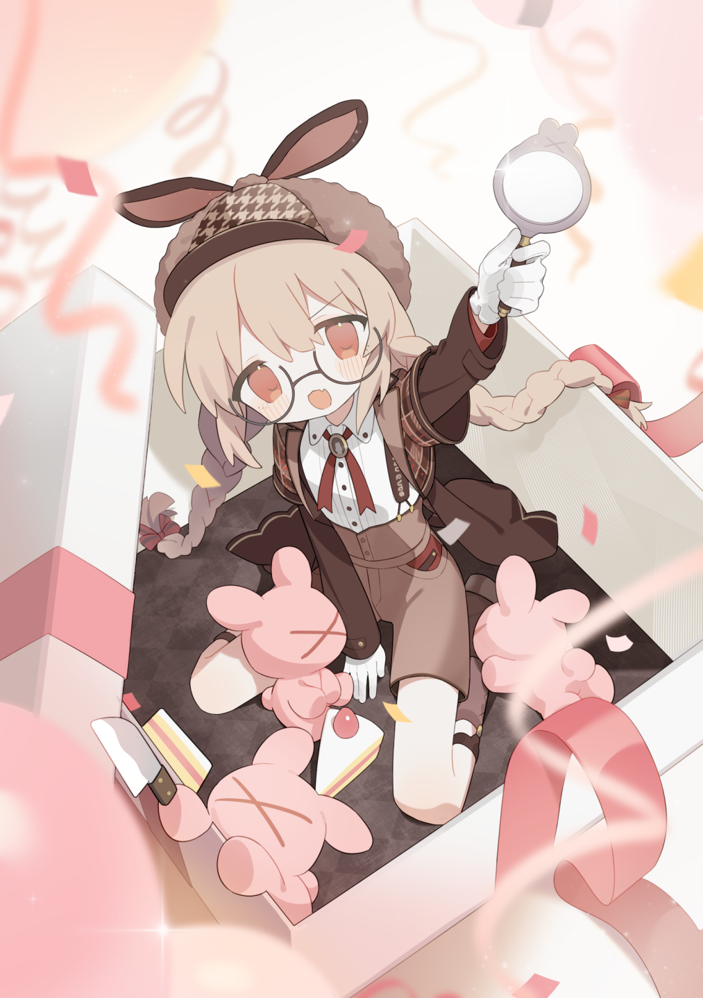 1girl alternate_costume arm_up blonde_hair box braid brown_coat brown_shoes brown_shorts brown_socks button-down_collar cake cake_slice coat collared_shirt cross_tie daizu_(melon-lemon) deerstalker detective food gift gift_box glasses gloves hat highres holding holding_magnifying_glass houndstooth in_box in_container kitchen_knife legwear_garter long_hair long_sleeves looking_at_viewer magnifying_glass natori_sana natori_sana_(detective_agency_head) open_clothes open_coat open_mouth rabbit sana_channel shirt shoes shorts sitting socks solo suspenders virtual_youtuber wariza white_gloves white_shirt