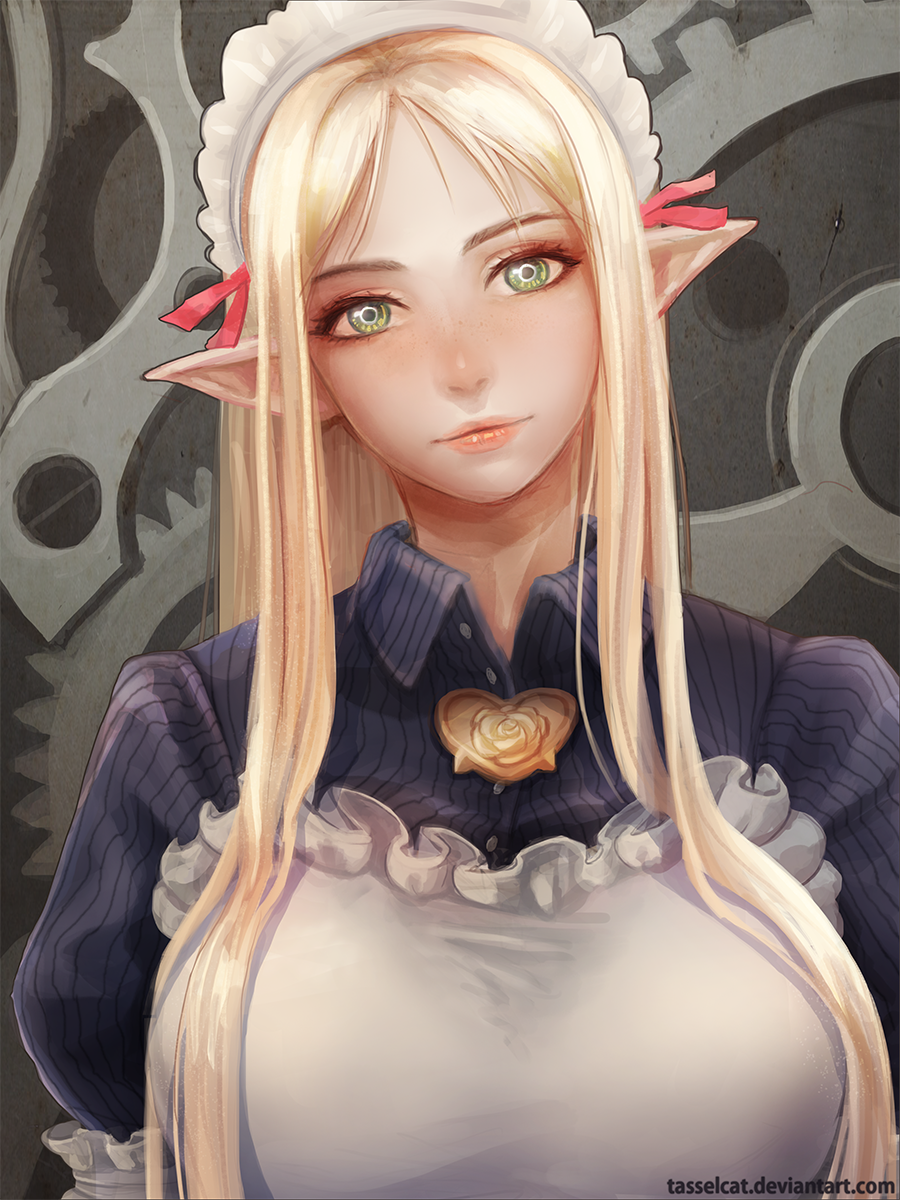 10s 1girl apron bad_id bad_pixiv_id blonde_hair breasts female_focus freckles gears green_eyes highres large_breasts looking_at_viewer pointy_ears queen&#039;s_blade queen&#039;s_blade_rebellion smile solo tasselcat vante yellow_eyes