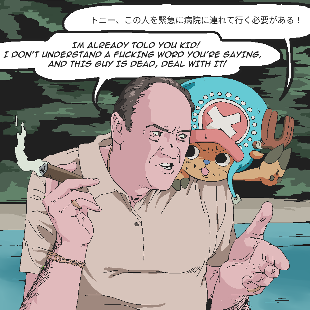 2boys antlers arm_hair black_eyes black_hair body_hair bracelet cigar commentary english_commentary gold_bracelet gold_necklace hat holding holding_cigar horns jewelry multiple_boys name_connection necklace one_piece receding_hairline reindeer_antlers ring shirt sweat the_sopranos tony_soprano tony_tony_chopper translation_request uname9908 white_shirt
