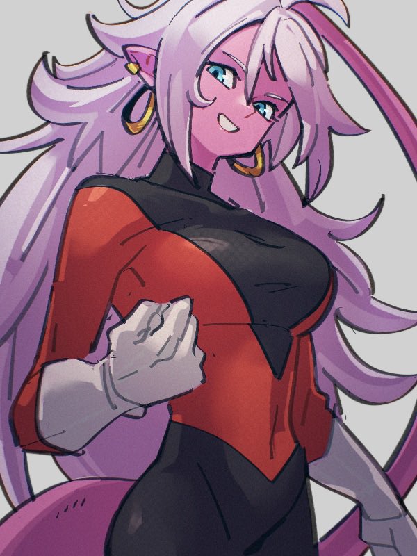 alternate_costume android_21 blue_eyes bodysuit breasts clenched_teeth colored_skin cosplay covered_navel dragon_ball dragon_ball_fighterz earrings gloves grey_background hair_between_eyes hoop_earrings jewelry jiren jiren_(cosplay) kemachiku large_breasts long_hair looking_at_viewer majin_android_21 pink_hair pink_skin pointy_ears simple_background smile tail teeth white_gloves