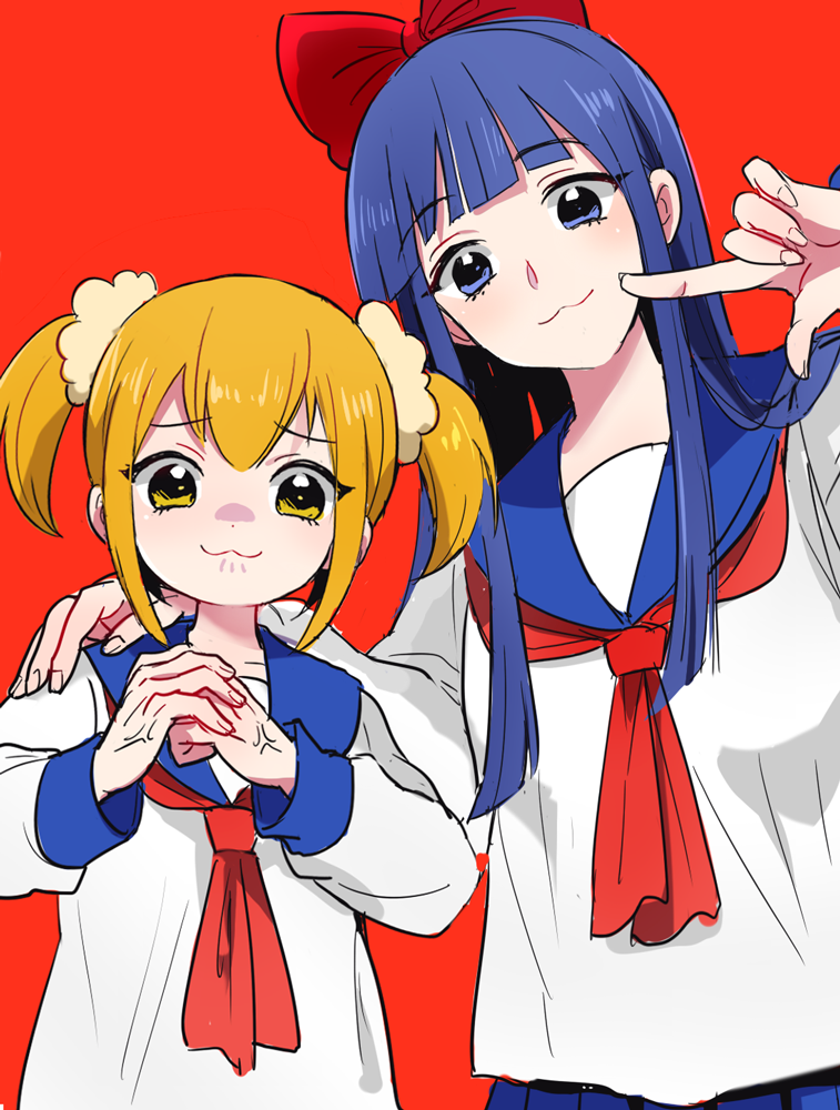 2girls 50yen_(gojiue) blonde_hair blue_eyes blue_hair blush bow closed_mouth colored_sclera cracking_knuckles hand_on_another&#039;s_shoulder long_hair medium_hair multiple_girls poptepipic red_background red_bow school_uniform scrunchie simple_background twintails upper_body veins veiny_hands yellow_eyes yellow_sclera