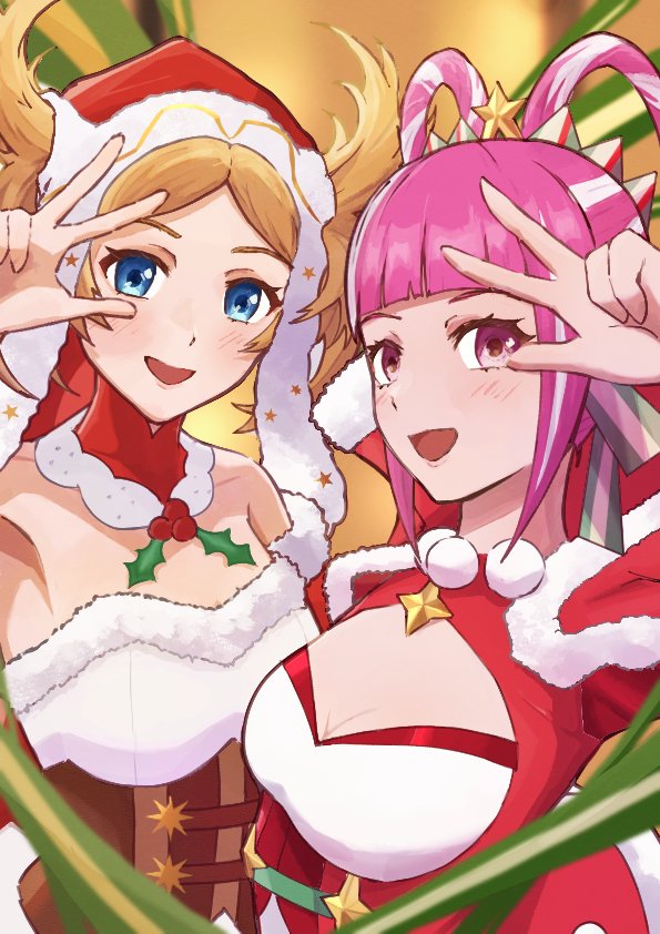 2girls :d armpits blonde_hair blue_eyes blunt_bangs breasts brown_corset cleavage corset dress fire_emblem fire_emblem_awakening fire_emblem_engage fire_emblem_heroes hair_rings hat hortensia_(fire_emblem) hortensia_(winter&#039;s_dearest)_(fire_emblem) lissa_(fire_emblem) lissa_(pure_joy)_(fire_emblem) looking_at_viewer multiple_girls nintendo official_alternate_costume open_mouth parted_bangs pink_eyes pink_hair red_dress red_hat santa_costume santa_dress santa_hat small_breasts smile strixinkagoshim twintails upper_body w