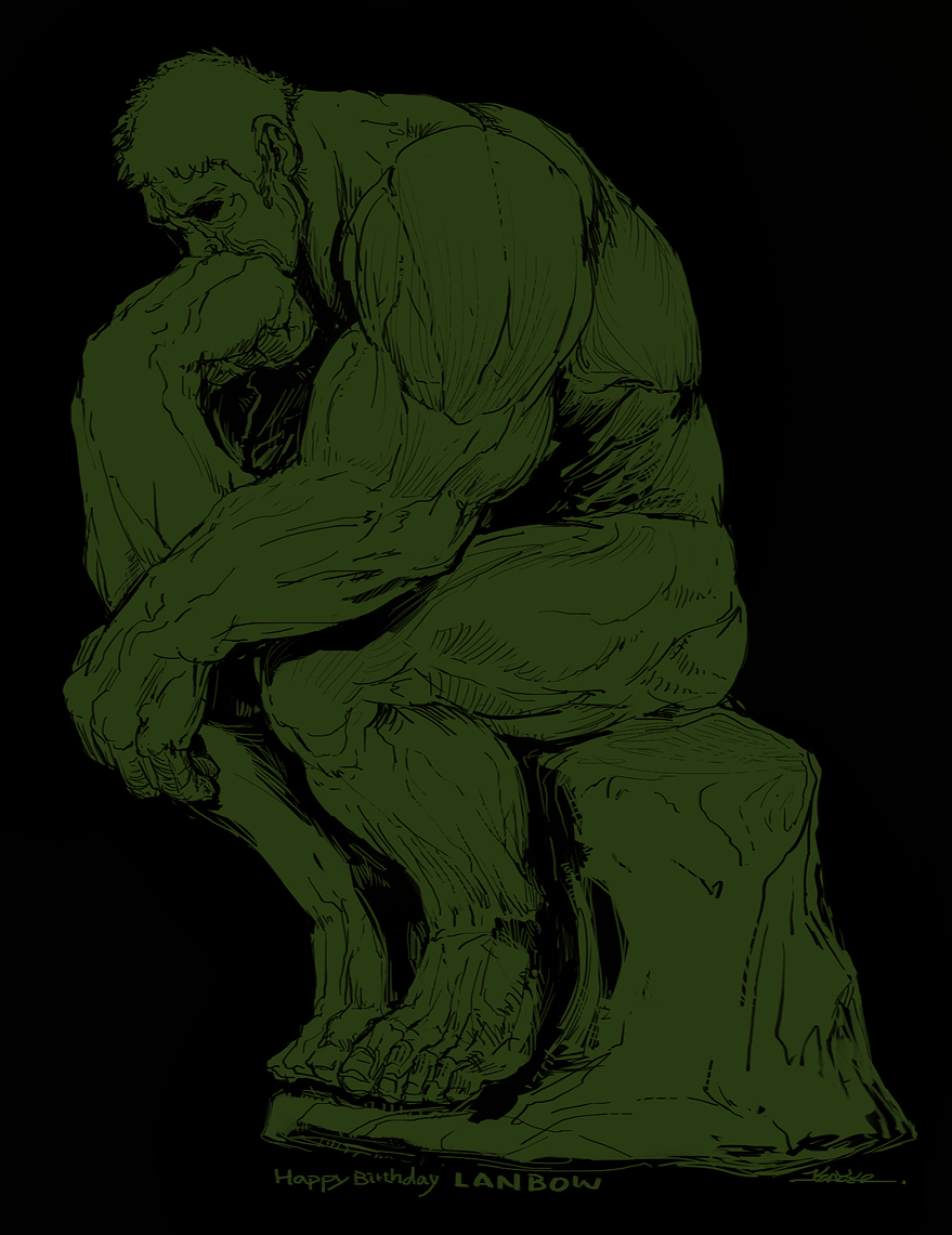 1boy arm_support bruce_banner fine_art_parody green_theme hulk kazeco male_focus marvel monochrome parody short_hair sitting solo the_thinker