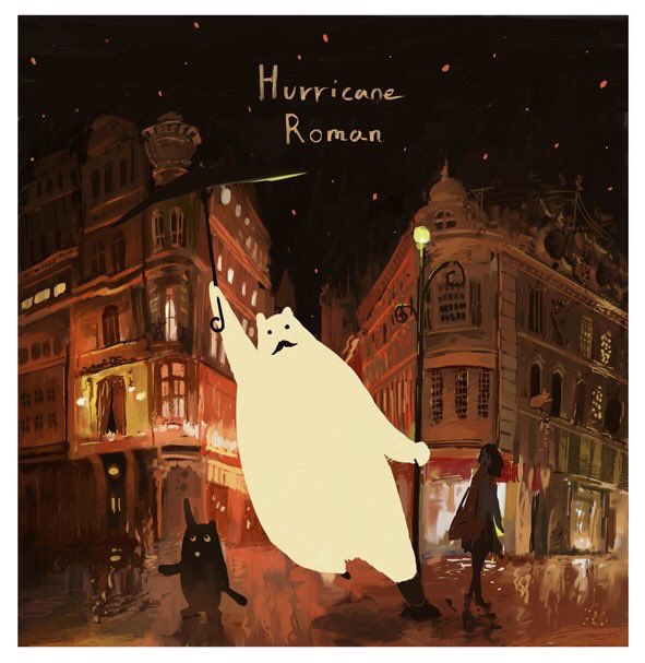 1girl apartment creature english_text holding holding_umbrella lamppost night night_sky original road sky slow_d solo street umbrella window