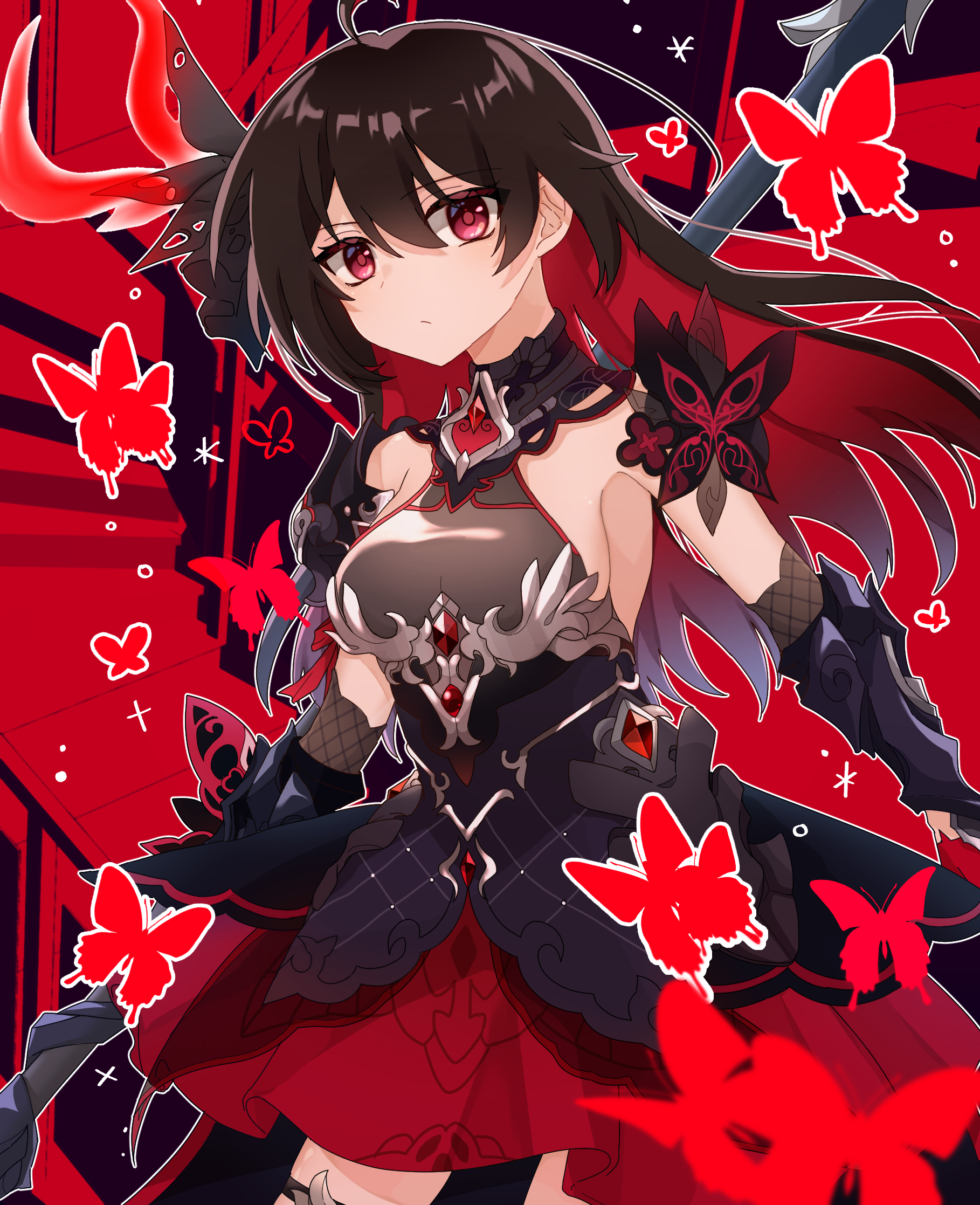 1girl animal bare_shoulders black_dress black_hair breasts bug butterfly closed_mouth commentary_request cowboy_shot dress highres honkai_(series) honkai_impact_3rd insect long_hair looking_at_viewer medium_breasts multicolored_hair red_dress red_eyes red_hair seele_(alter_ego) seele_vollerei skindentation solo thigh_strap two-tone_hair ufo_(23494318) very_long_hair