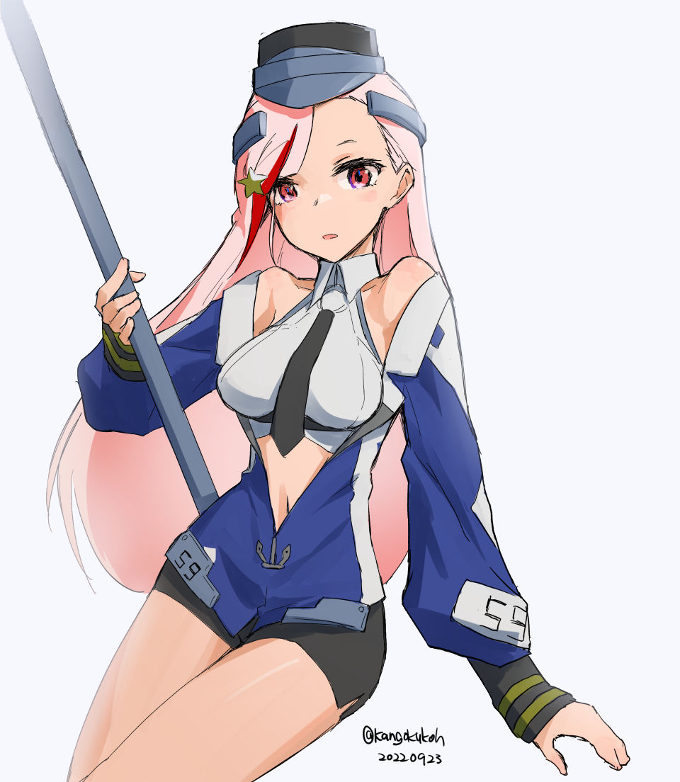 1girl black_necktie black_skirt blonde_hair blue_jacket breasts cowboy_shot dated headgear invisible_chair jacket kangoku_kou kantai_collection large_breasts long_hair looking_at_viewer massachusetts_(kancolle) midriff military military_uniform multicolored_hair multicolored_jacket necktie one-hour_drawing_challenge pencil_skirt pole red_eyes red_hair shirt simple_background sitting skirt sleeveless sleeveless_shirt solo streaked_hair twitter_username white_background white_shirt