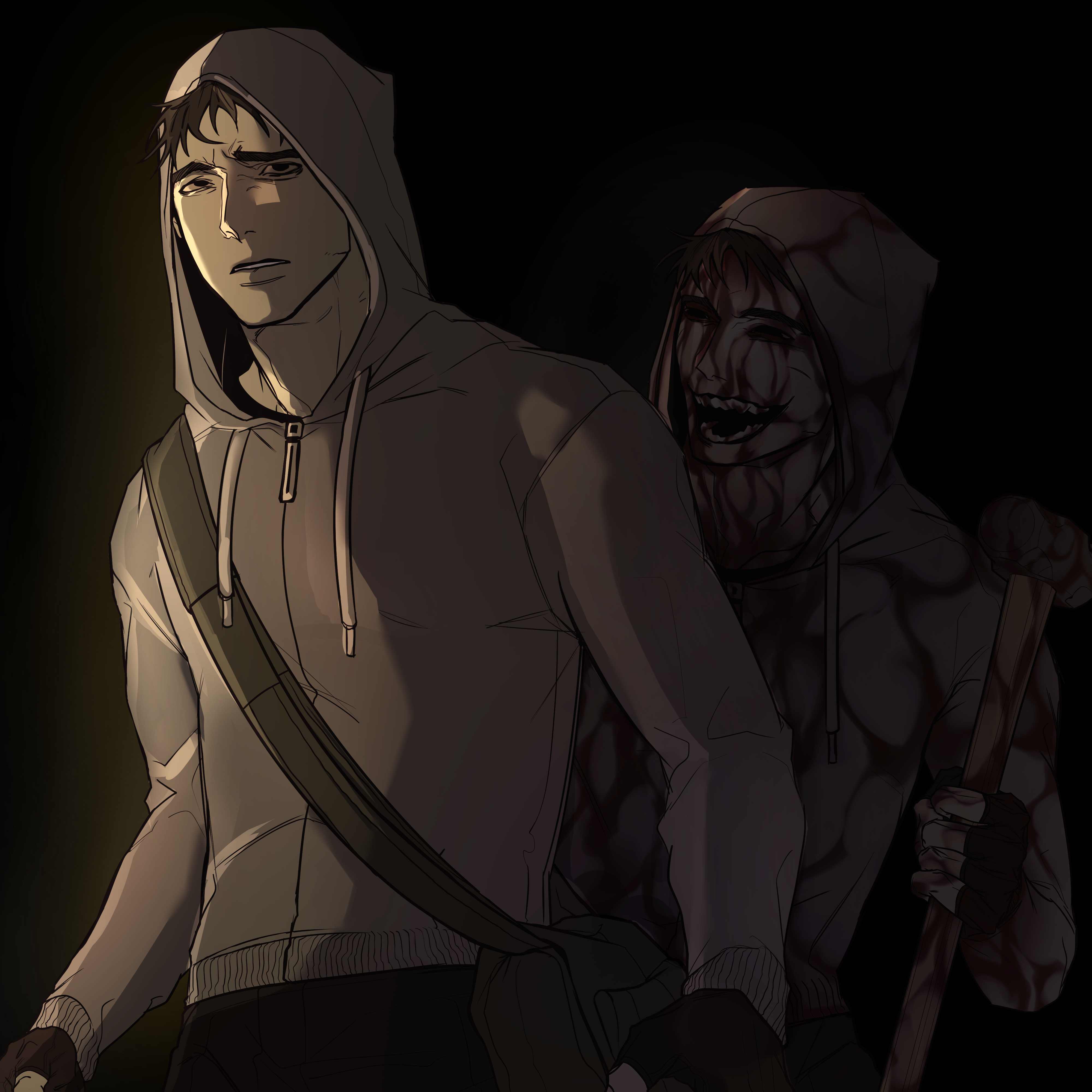 2boys absurdres bag bags_under_eyes black_background black_gloves black_hair blood blood_from_forehead blood_on_face bloodshot_eyes crazy_grin cry_of_fear d: exhausted fingerless_gloves gloves grey_hoodie head_tilt highres hood hood_up hoodie ju-san looking_at_another multiple_boys open_mouth short_hair shoulder_bag sidelighting simon_henriksson simon_henriksson_(book) slouching stalking upper_body worried