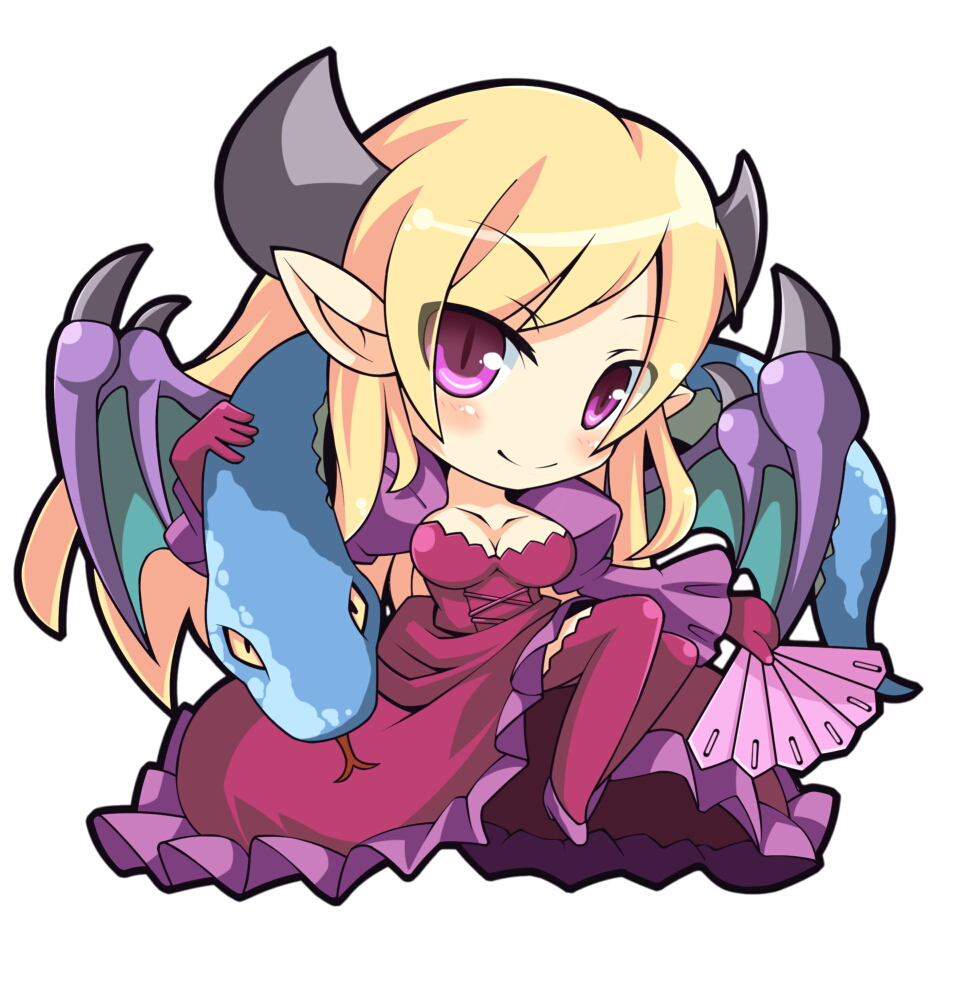1girl blonde_hair breasts chibi dragon_wings dress female_focus frilled_dress frilled_skirt frills grafity7 hand_fan high_heels horns lilith_(p&amp;d) long_hair medium_breasts pointy_ears purple_eyes puzzle_&amp;_dragons sitting skirt smile snake solo take_tonbo thighhighs wings