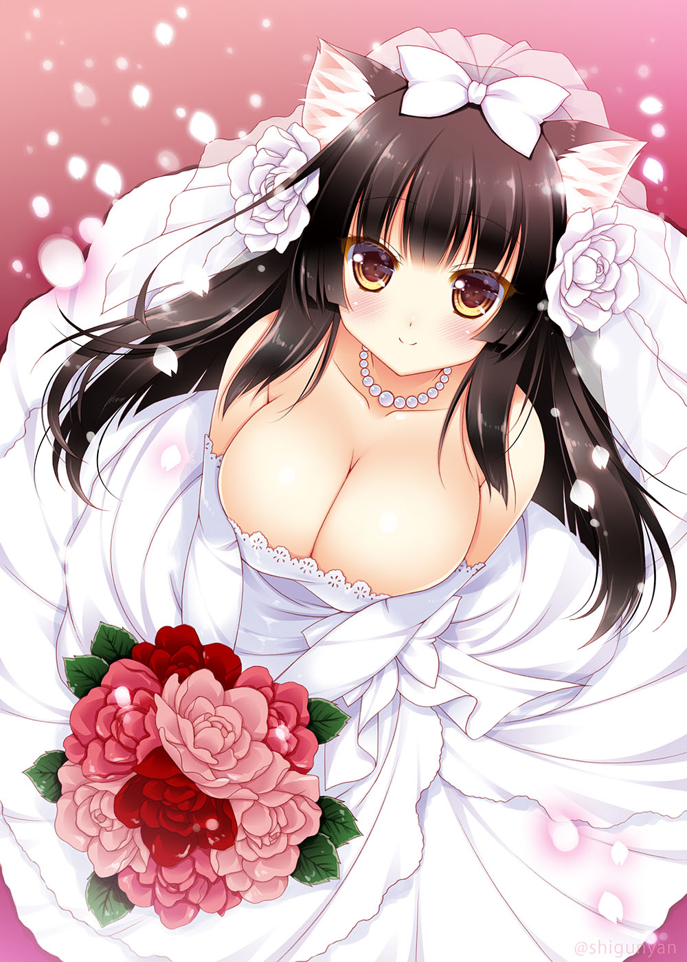1girl animal_ears black_hair blush bouquet bow breasts bridal_veil bride brown_eyes cat_ears cleavage collarbone dated dress flower hair_bow hair_flower hair_ornament highres jewelry konbu_(nyatto!) large_breasts long_hair looking_at_viewer necklace nyatto!_(manga) original petals revision shigunyan smile solo veil wedding_dress